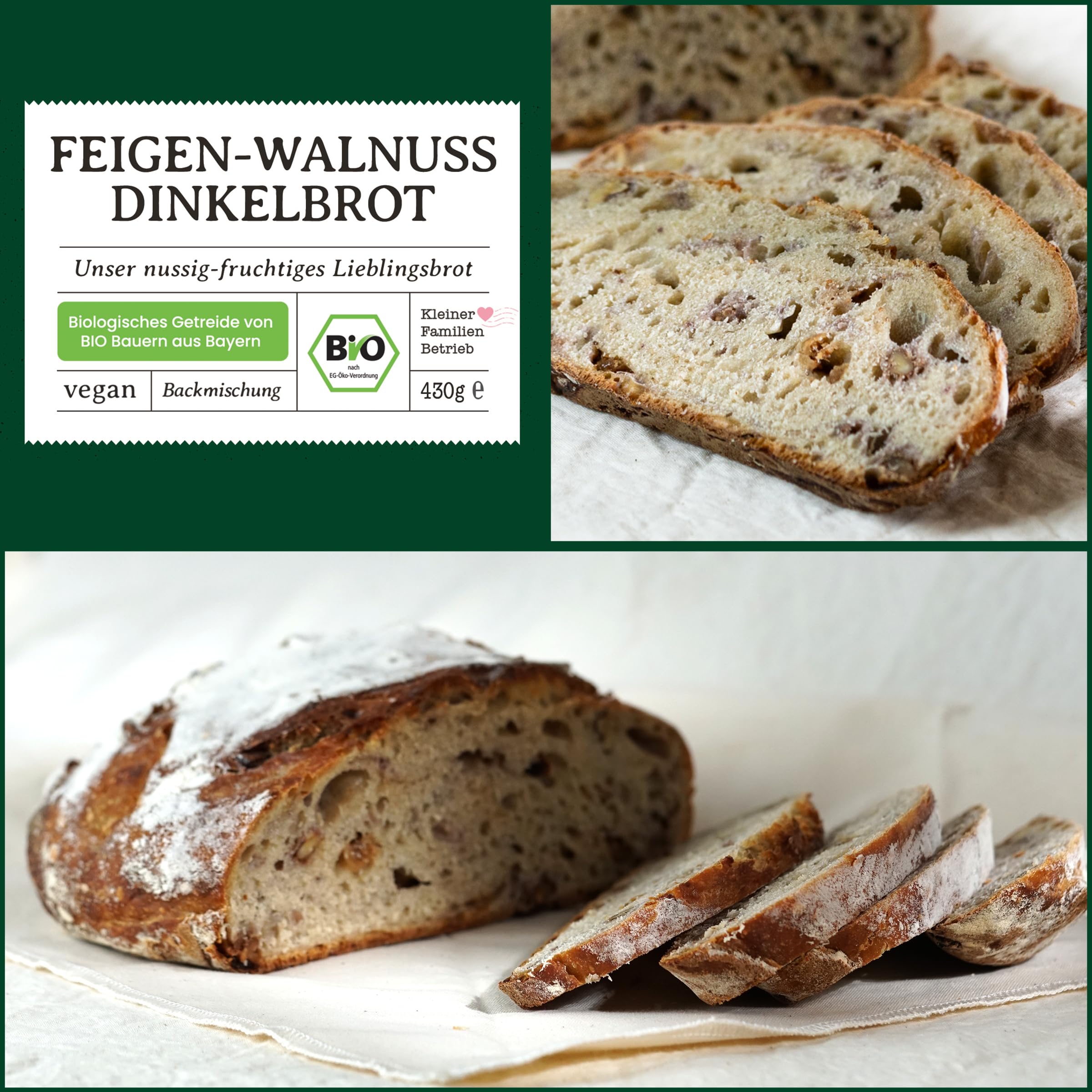 Bio Dinkelbrot Backmischung Feige Walnuss – 100 % Dinkel, ohne Weizen – fruchtig-nussiges Brot mit Walnüssen für Brotbackautomat & Ofen – Bake with Love - 10er Pack