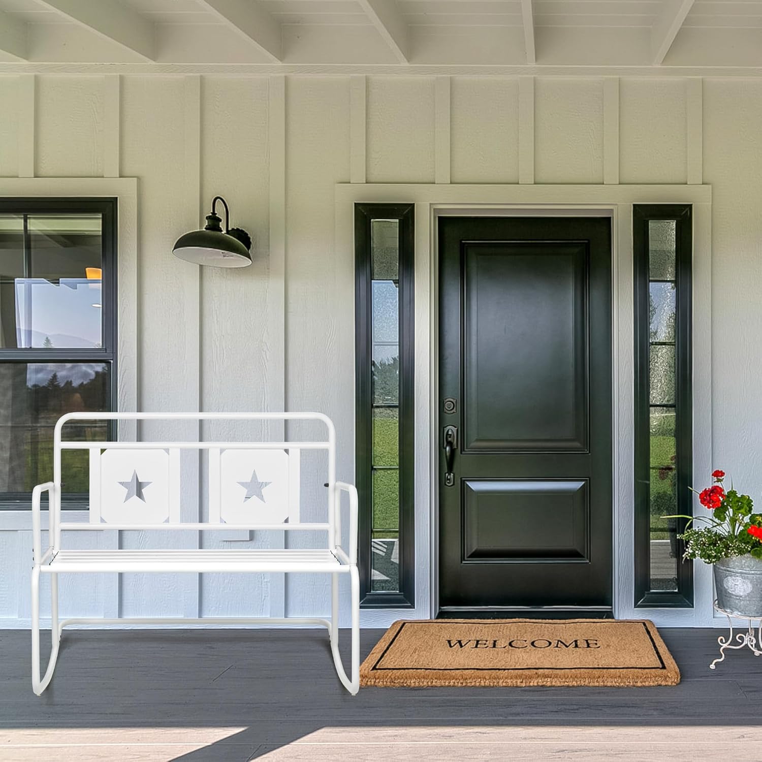 Patio Rocking Chair, 2-Person Iron Lawn Chairs with Star Design, Outdoor/Indoor Rocker, Porch Rockers with Wide Seats for Backyard, Garden, White