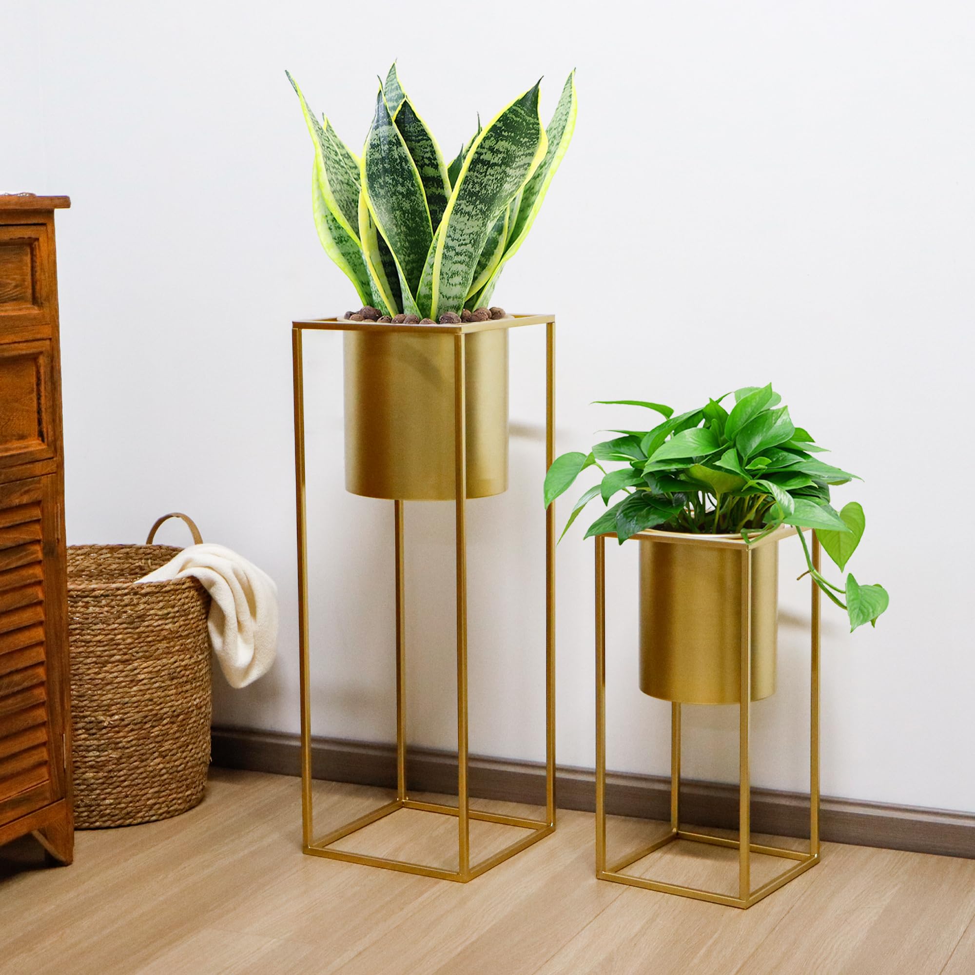 TRIROCKS - Juego de 2 macetas de flores doradas modernas con soporte para plantas de interior, 70 y 45 cm de altura, para salón, cocina, oficina, jardín, balcón, terraza (dorado)