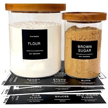 QUART + PINT 134 Kitchen Pantry Labels for Containers. Minimalist Preprinted Farmhouse Style. Black Matte Sticker White Text. Waterproof Stickers. Organization labels for Jars Canisters & Storage Bins