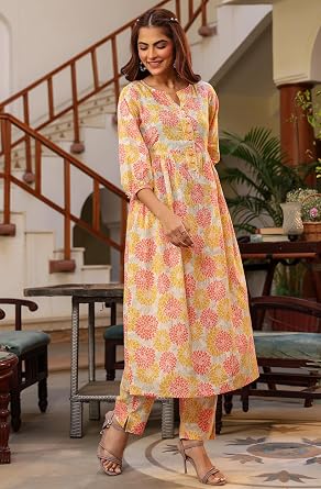 Janasya Indian Women's Cotton Off White Floral Print Casual Wear Kurta Set for Women
