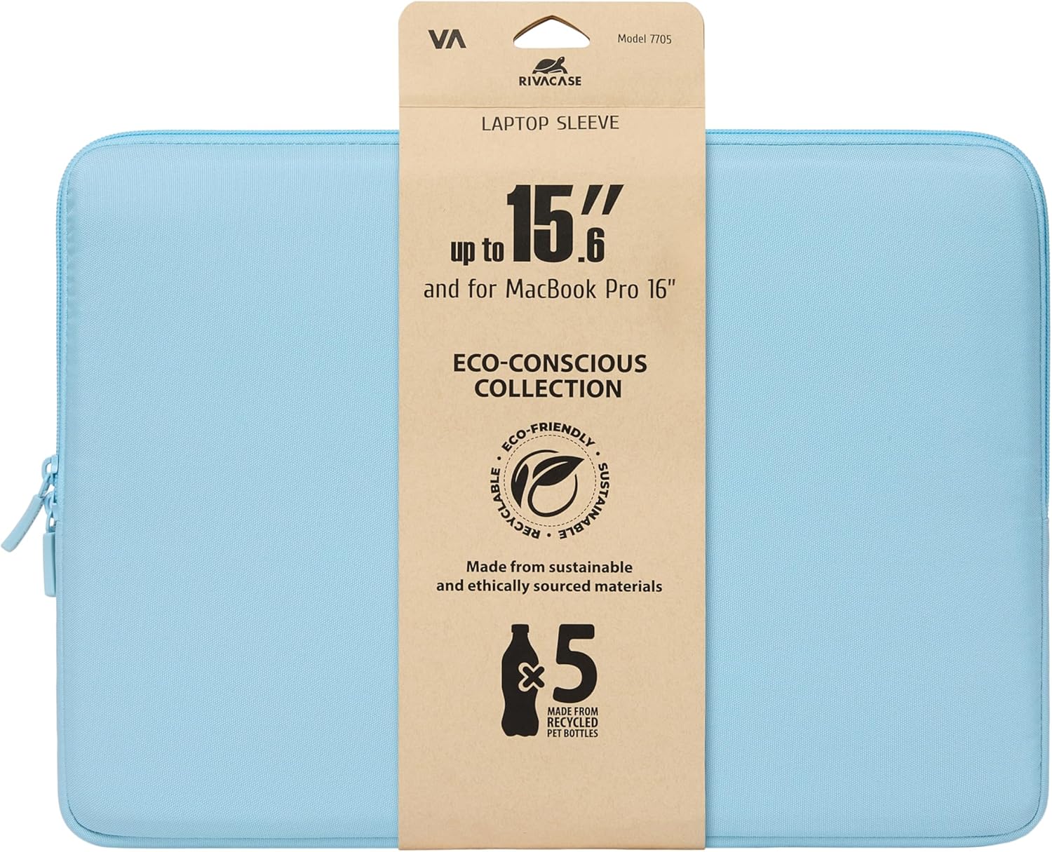 RIVACASE ECO Laptop Sleeve 15.6 Inch - 39.5 x 27.5 x 3.5 cm - Notebook Case Pastel Blue for Men and Women - Water-Repellent MacBook Case - Computer Bag for Work University Travel