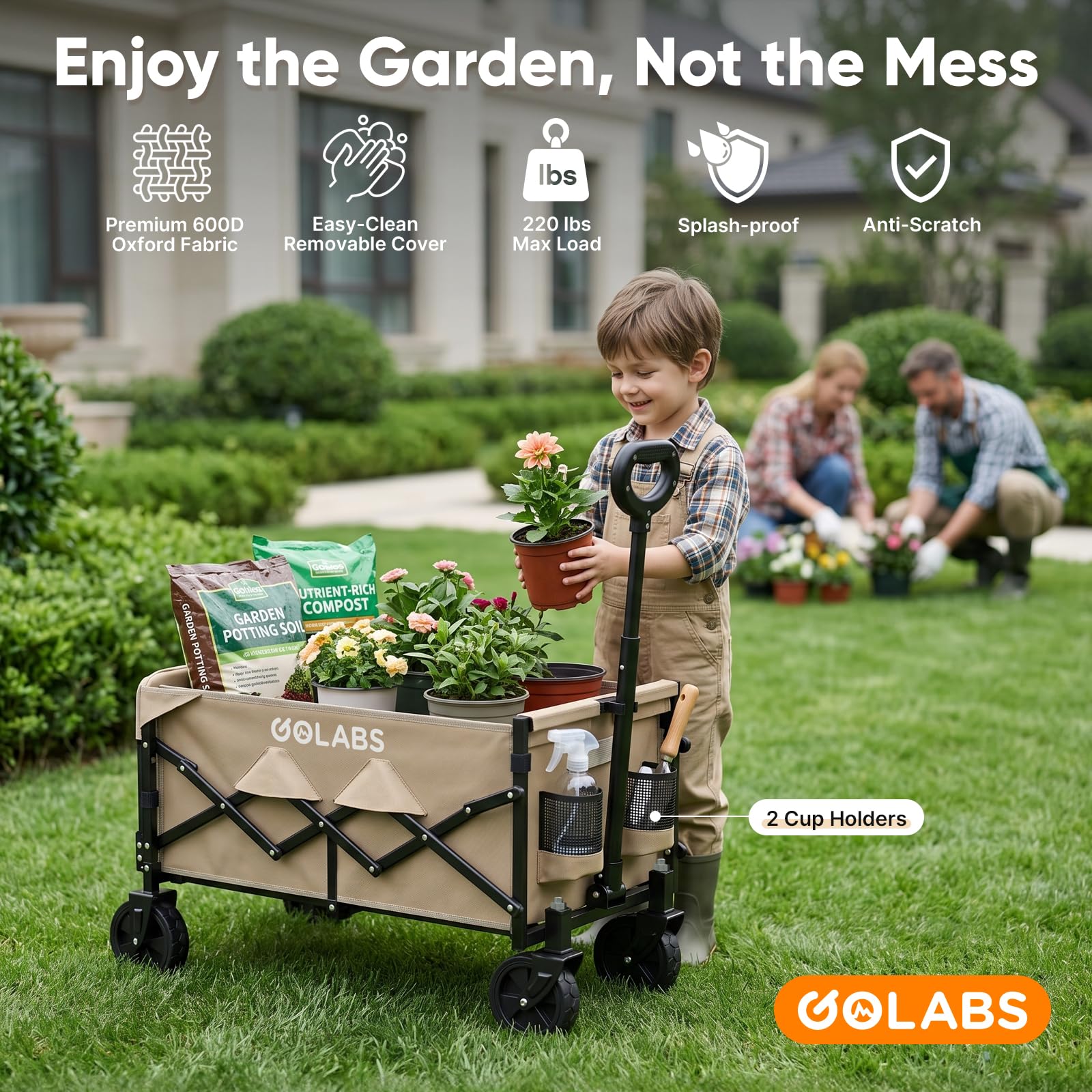 Golabs Carrello pieghevole per carro carico massimo 158,8 kg ed espandibile, 100 l, design a doppio cuscinetto per sterzo flessibile, carrello da giardino pieghevole resistente con 2 portabicchieri
