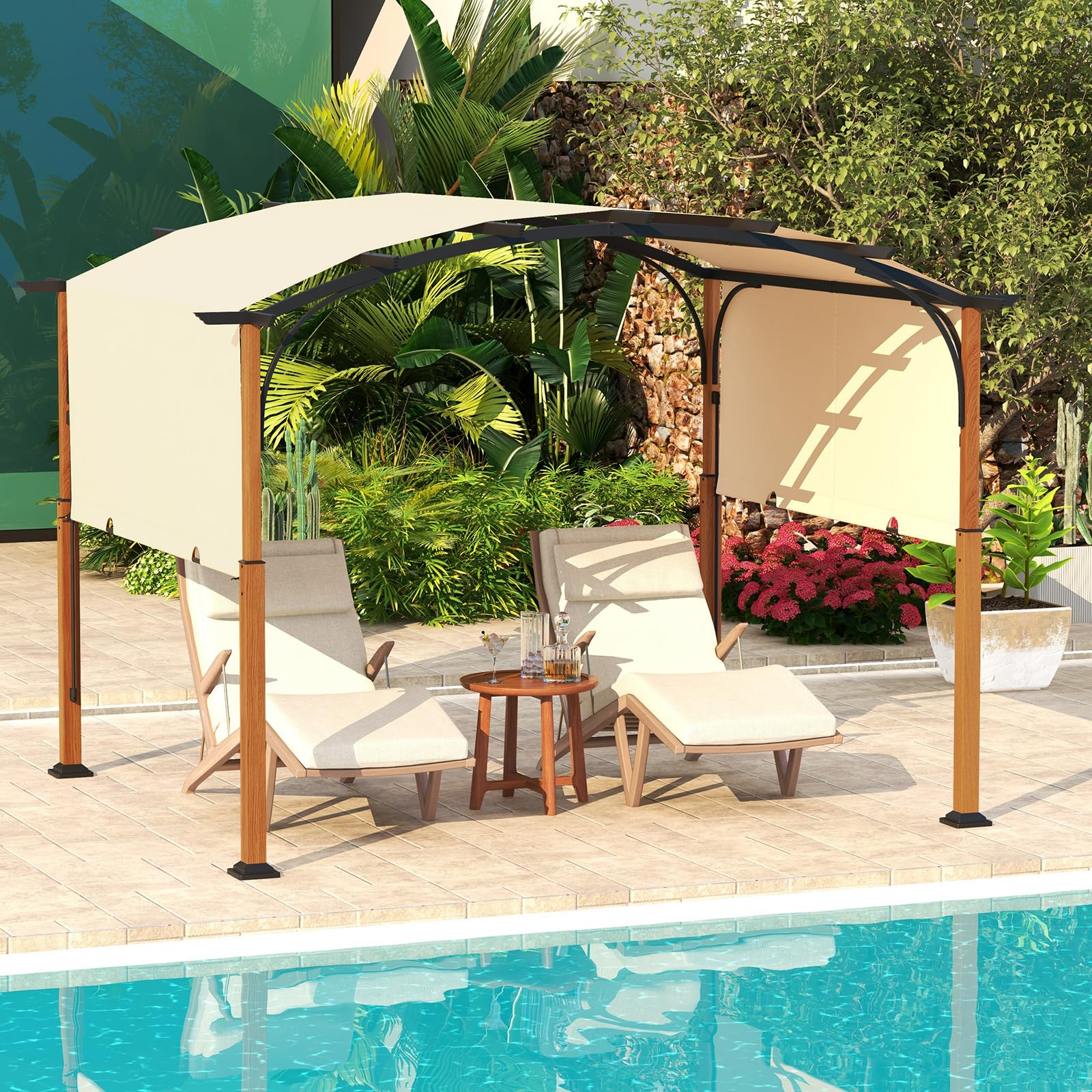 COSTWAY Gazebo Pergola da Giardino 3 x 3,6 m, Pergola da Esterno con Telaio Curvo e Tettuccio Retrattile, con Struttura in Metallo, per Giardino, Patio e Portico (Beige)