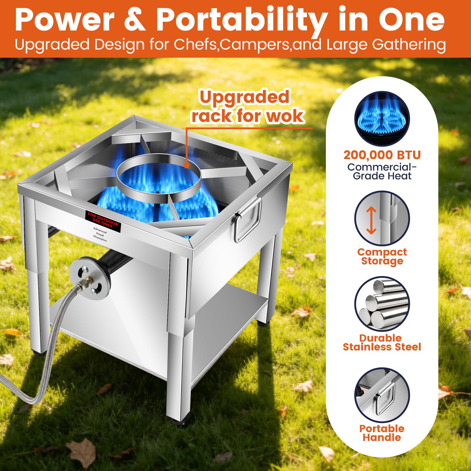 ARC - Quemador de propano de 200,000 BTU con patas plegables, cocina de gas de acero inoxidable resistente para freír pavo, hervir mariscos y elaborar cerveza casera, regulador de alta presión de 20