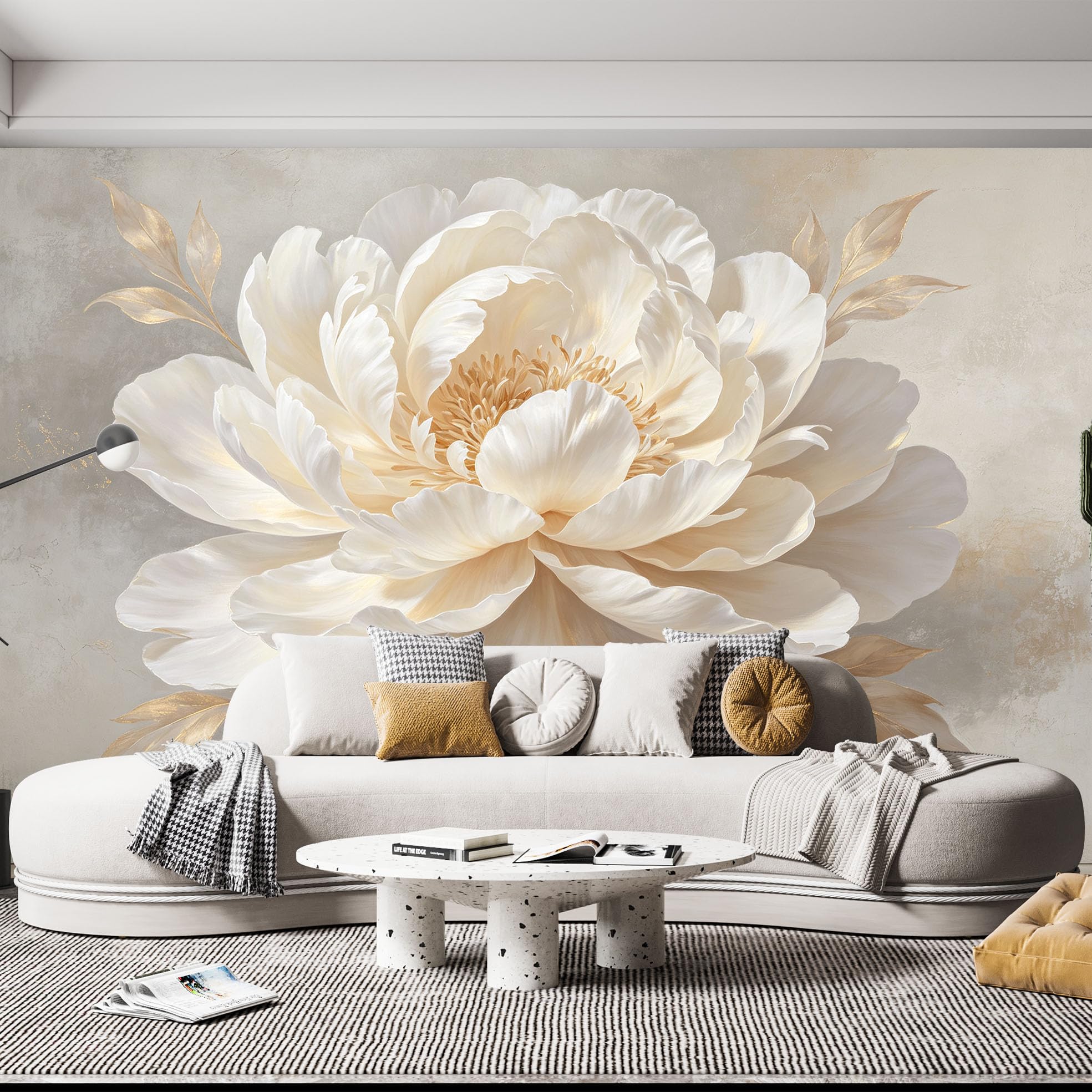 Ponadwymiarowy biały kwiat piwonii mural ścienny elegancki biały kwiat tapeta z włókniny nowoczesna luksusowa botaniczna kwiatowa fototapeta 250 x 175 cm kremowo-beżowa osłona ścienna do salonu