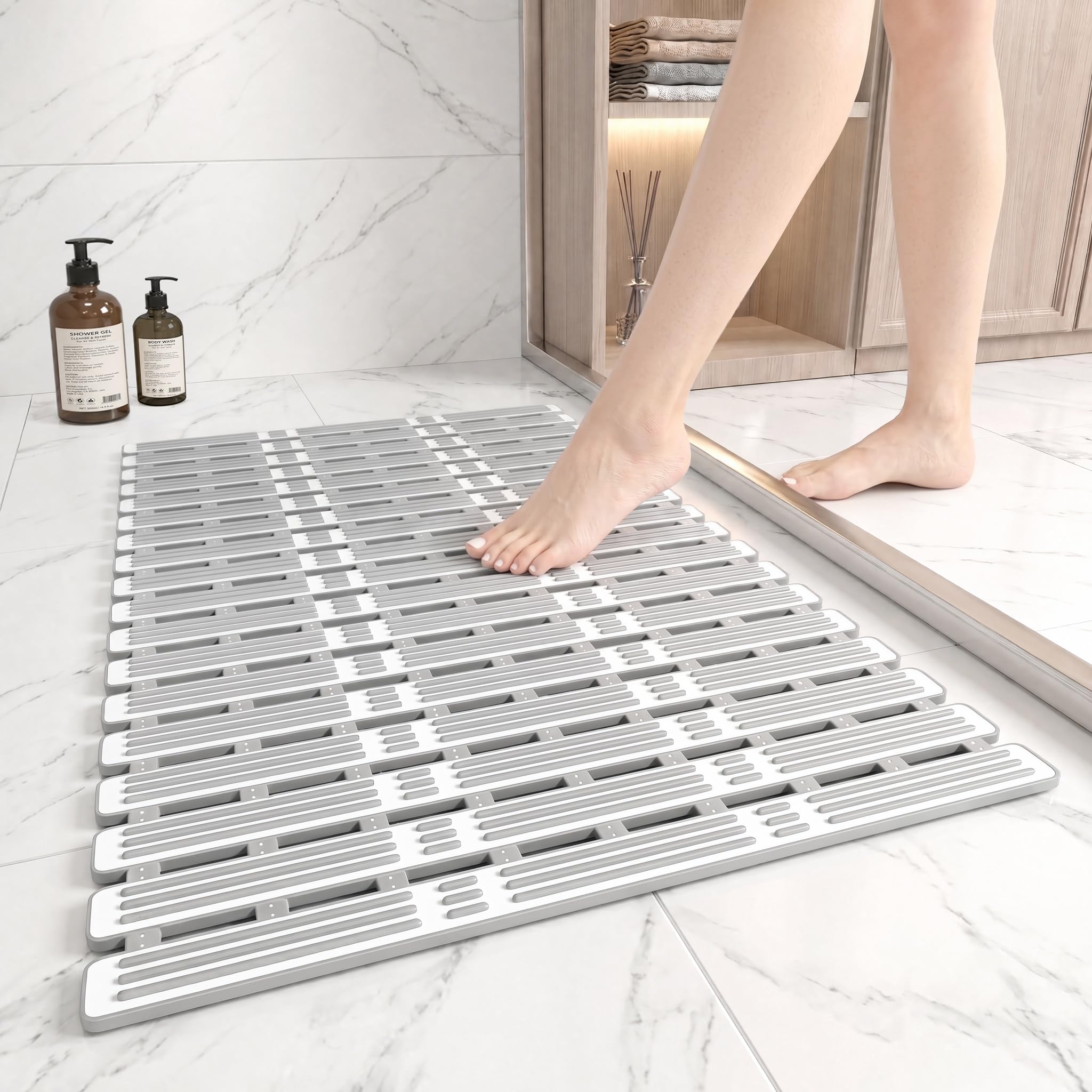 Venuso Shower Mat Non Slip Anti Mould, 68 x 40 cm Bath Mat for Inside Shower and Bath, Quick Drain Mat with Suction Cups, Cut to Size Bathroom Mat