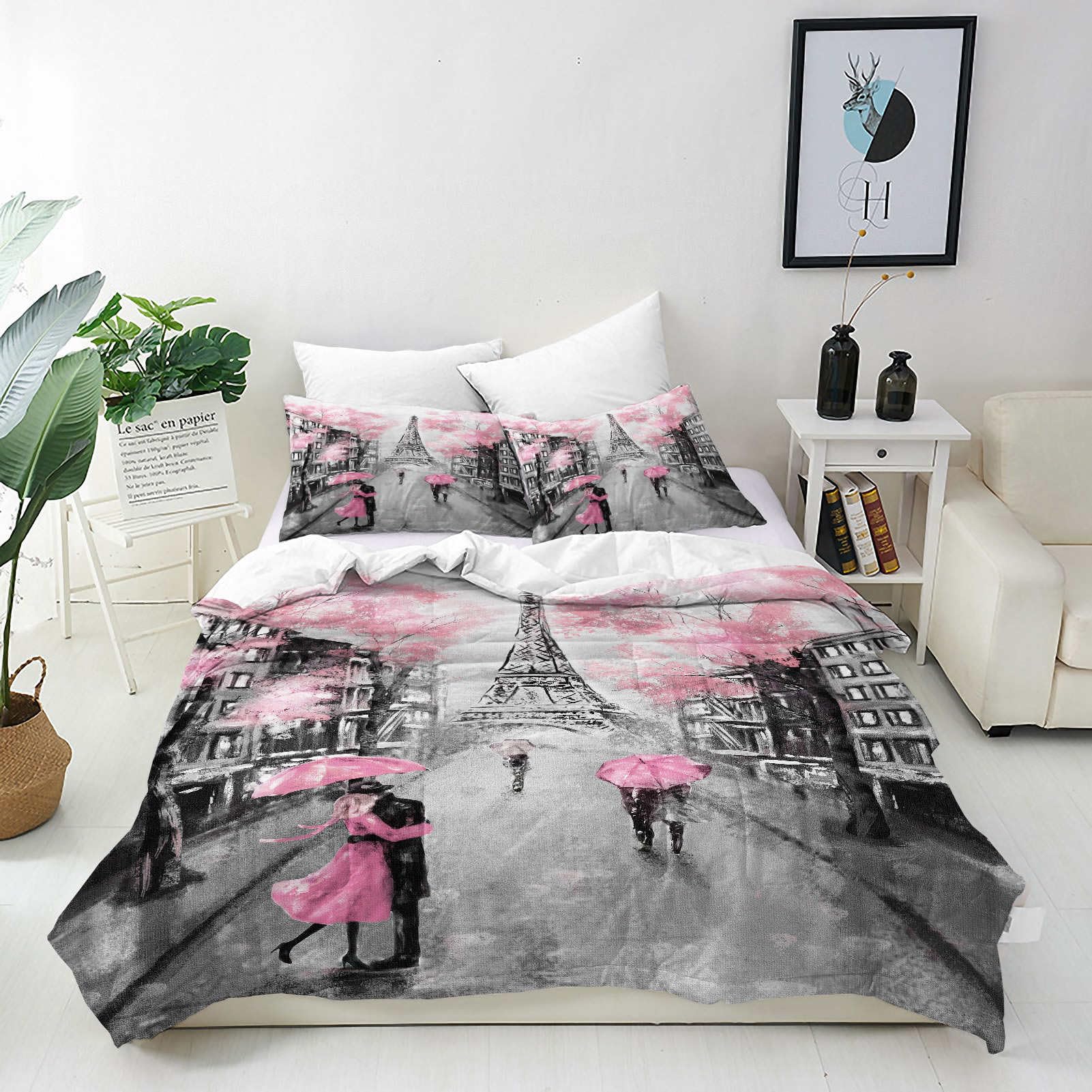 ANHOPE Paris Duvet Cover Set Soft Lightweight 3 Piece Bedding Set with 2 Pillowcases Oil Painting Eiffel Tower Pink Tree Print Pattern All Season Quilt Cover with Zipper Closure Single โ image 1