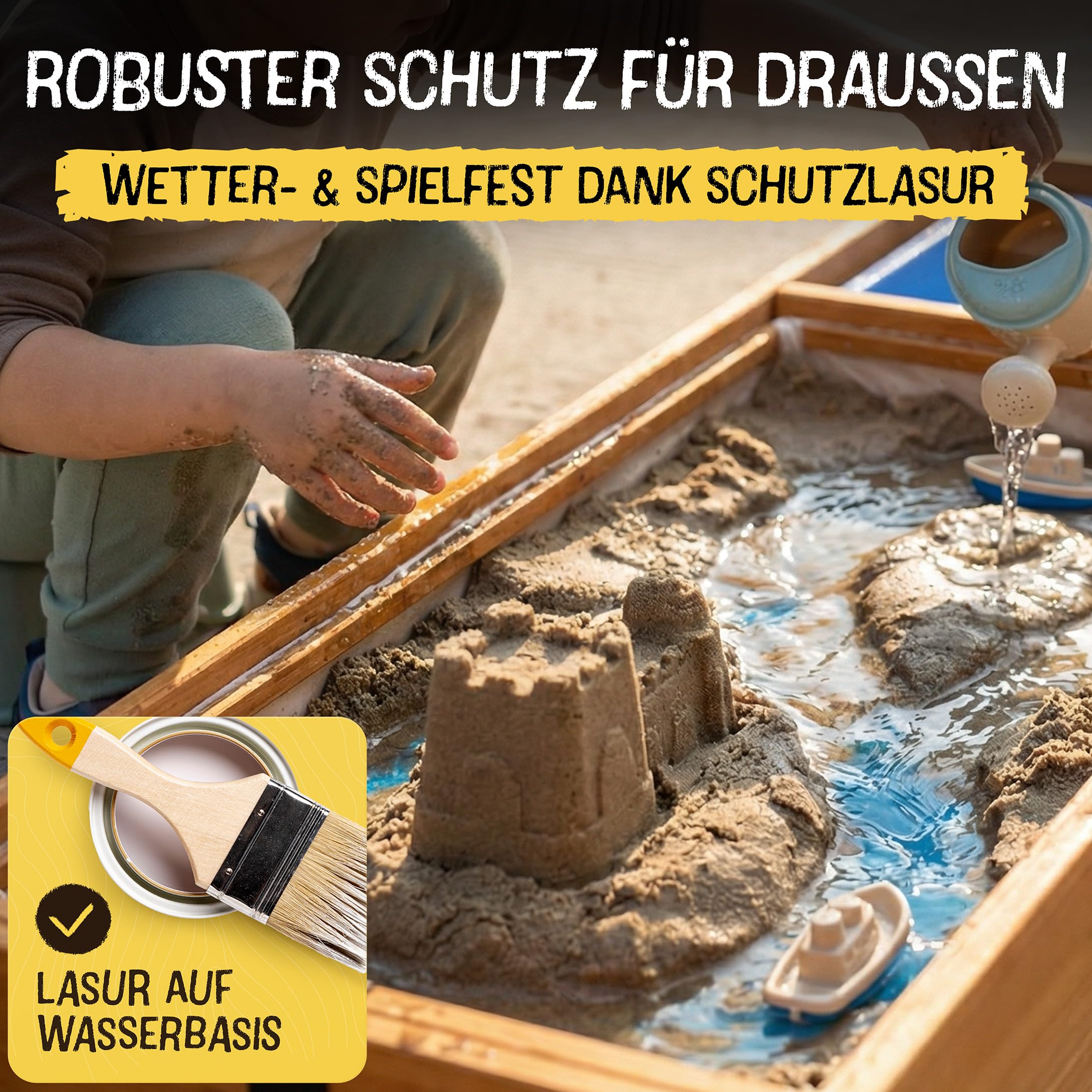 FRIEDO Sandkasten mit Abdeckung 150x40cm aus lasiertem Holz und Deckel I Sandkasten mit Matschküche I Sandbox ideal für Balkon, Terrasse und Garten I Sandkiste mit Abdeckung für kleine & große Kinder - 4
