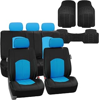 FH Group Automotive Highest Grade Faux Leather Seat Cover Protector Universal Fit for Cars Trucks SUV - Combo Vinyl Floor Mats Interior Accessories Full Set Blue Airbag Compatible and Split Bench