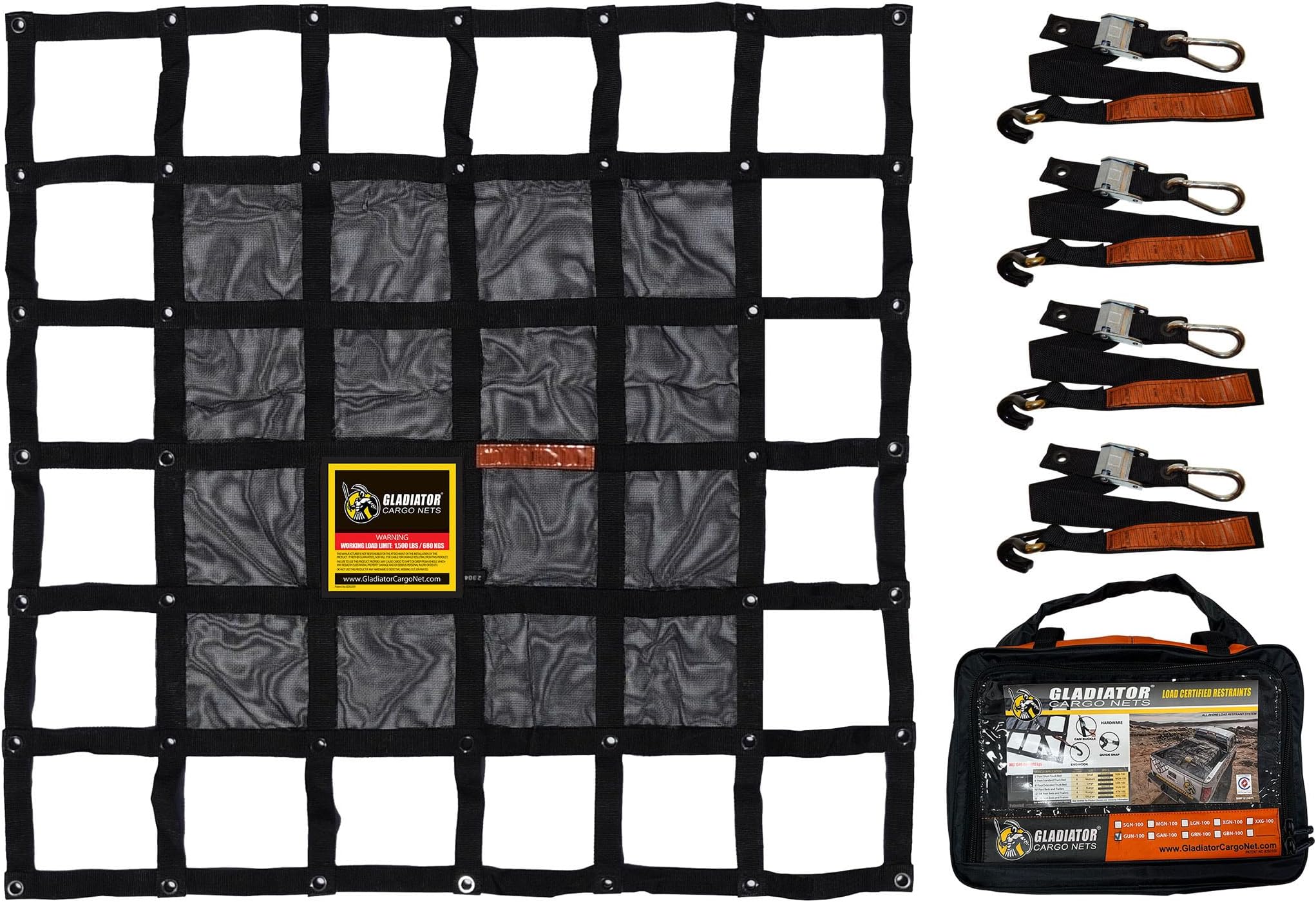Gladiator Cargo Nets - Heavy Duty Cargo Net - Truck Organizer-Interior-Roof Rack-Jeep-SUV- Baja-Camping -(GBN-100) 4' x 4'