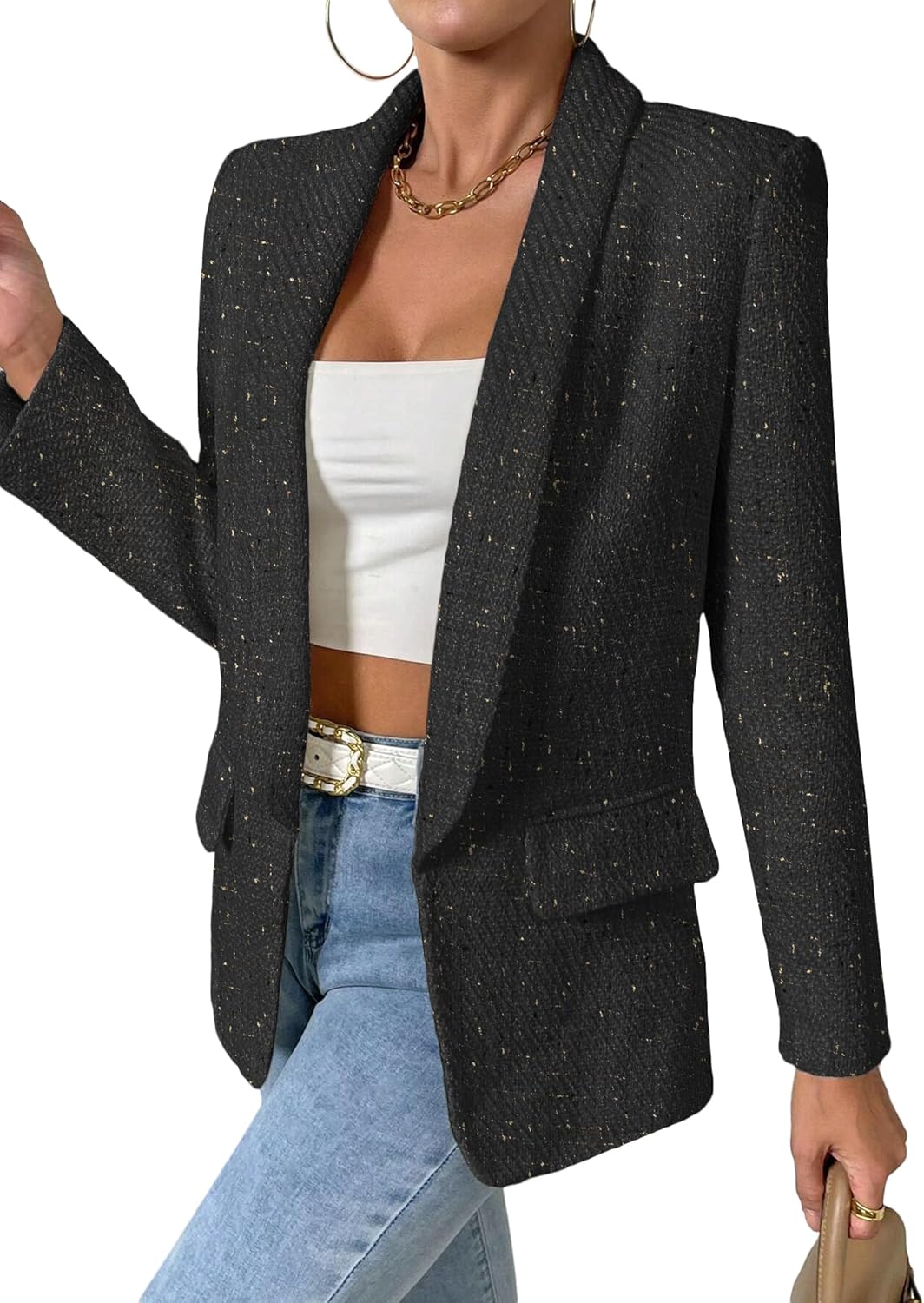 2024 Fall Tweed Blazer Jackets for Women Shawl Lapel Long Sleeve Open Front Fashion Business Casual Suit with Pockets