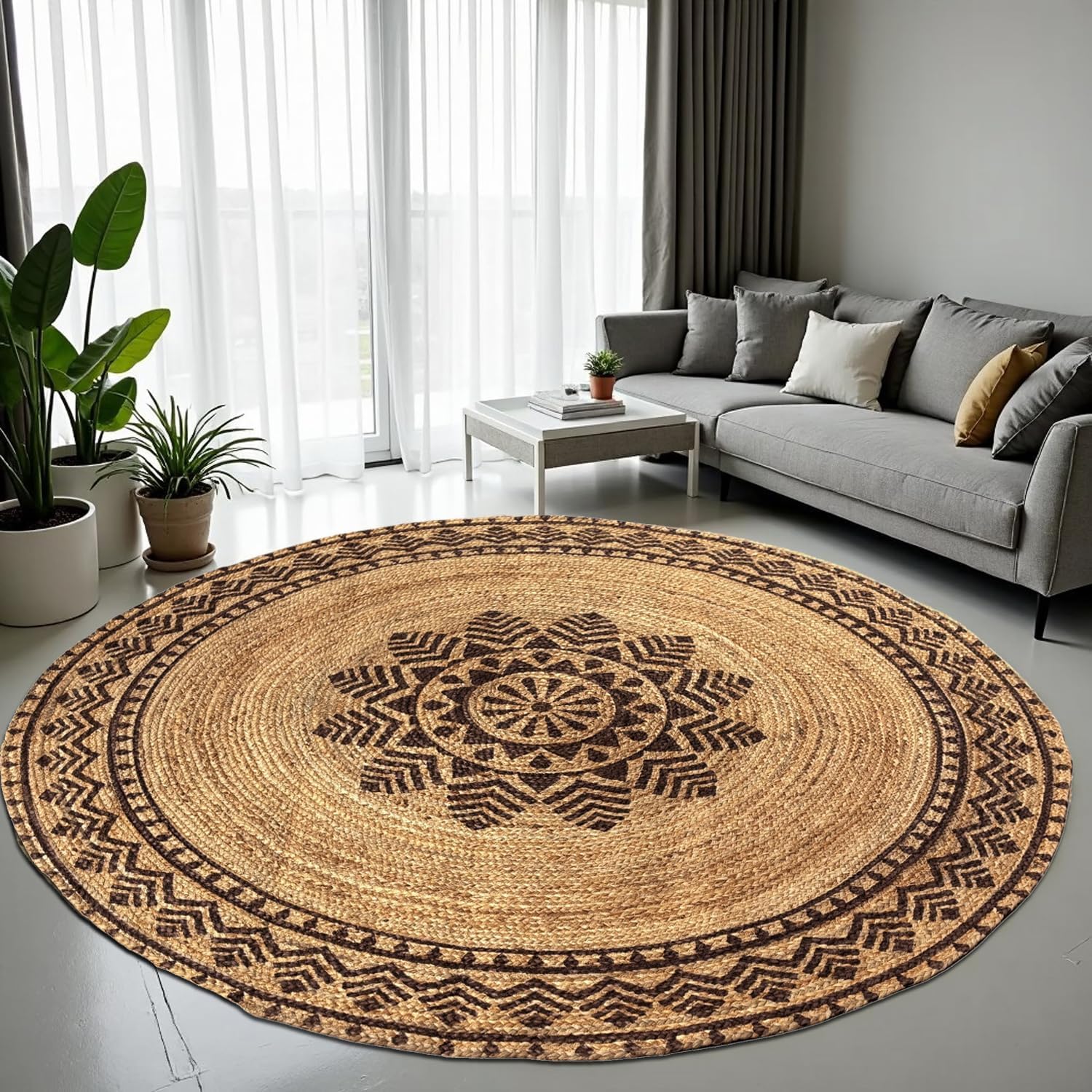Handwoven Round Jute Area Rugs, Multiple Sizes and Colors, 100% Jute Fiber (Chocolate Brown, 4'Round, Geometric Bloom)