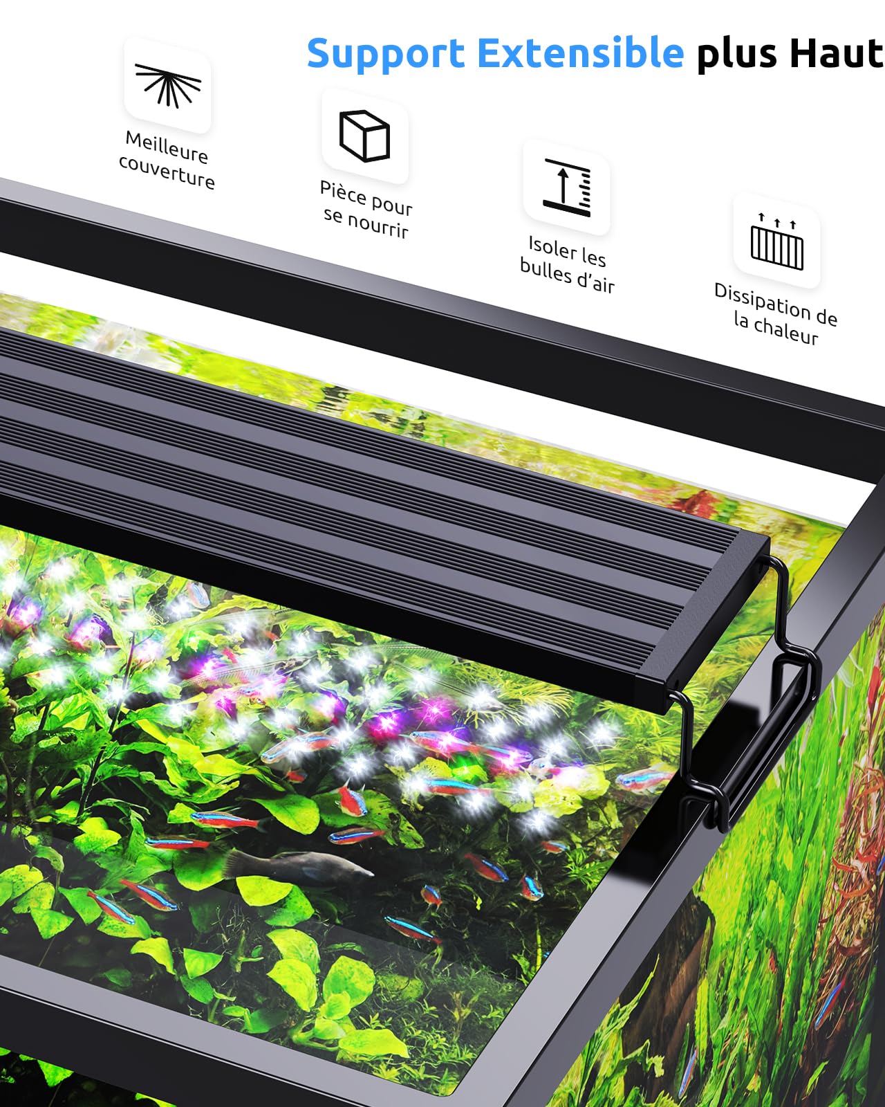 SEAOURA Lumière LED Aquarium WRB avec Minuteur pour Eau Douce 90-106 cm | SR-653, Spectre complet pour plantes, 6/8/12h minuterie auto, 3 canaux DIY, 11 couleurs & 10 niveaux, ABS, supports réglables
