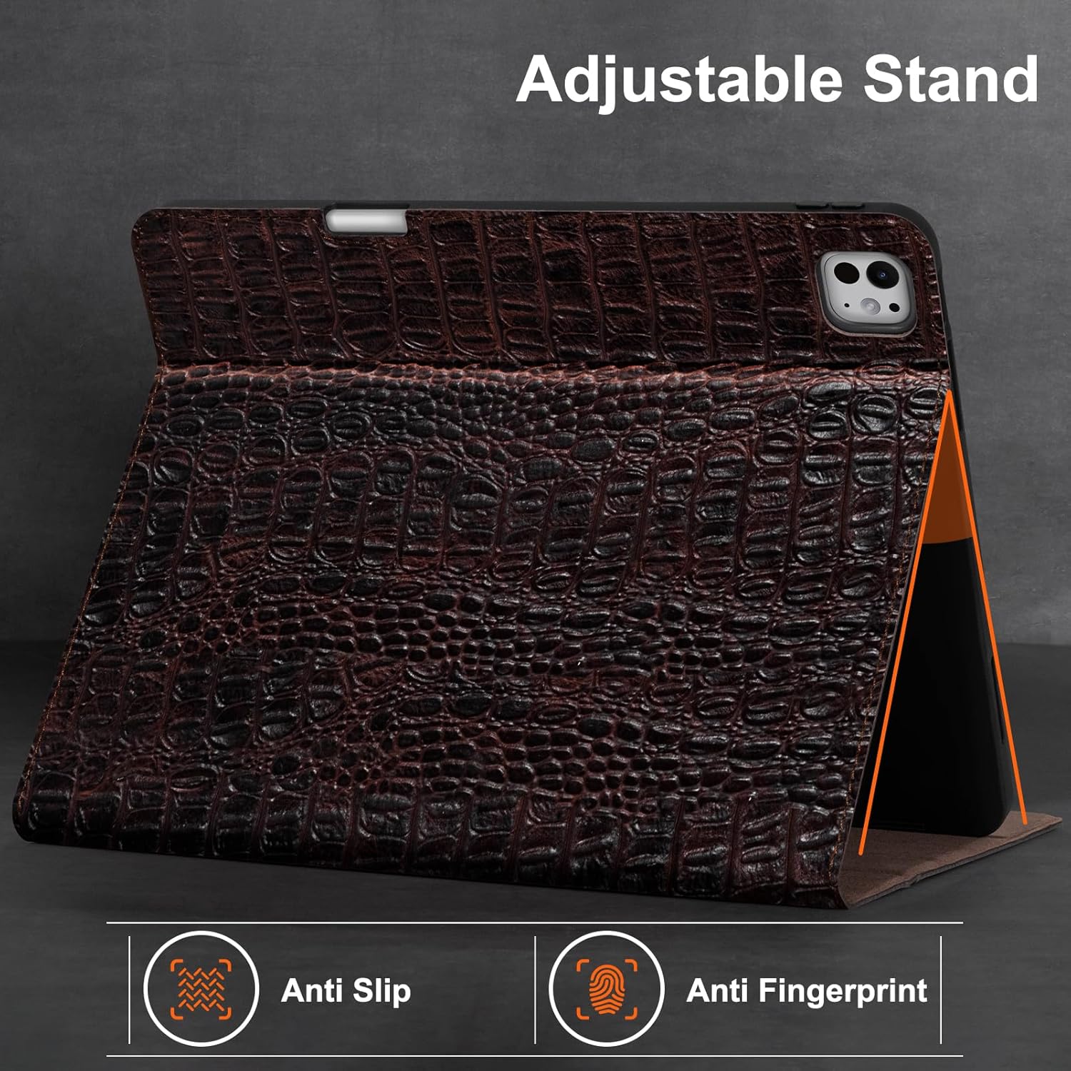 Gexmil Genuine Leather Case for iPad Pro 13 Inch (M5/M4) 2025/2024 with Pencil Holder,Magnetic Closure,Protective Shockproof Smart Leather Folio Cover Adjustable Stand Auto Sleep/Wake,Brown Crocodile