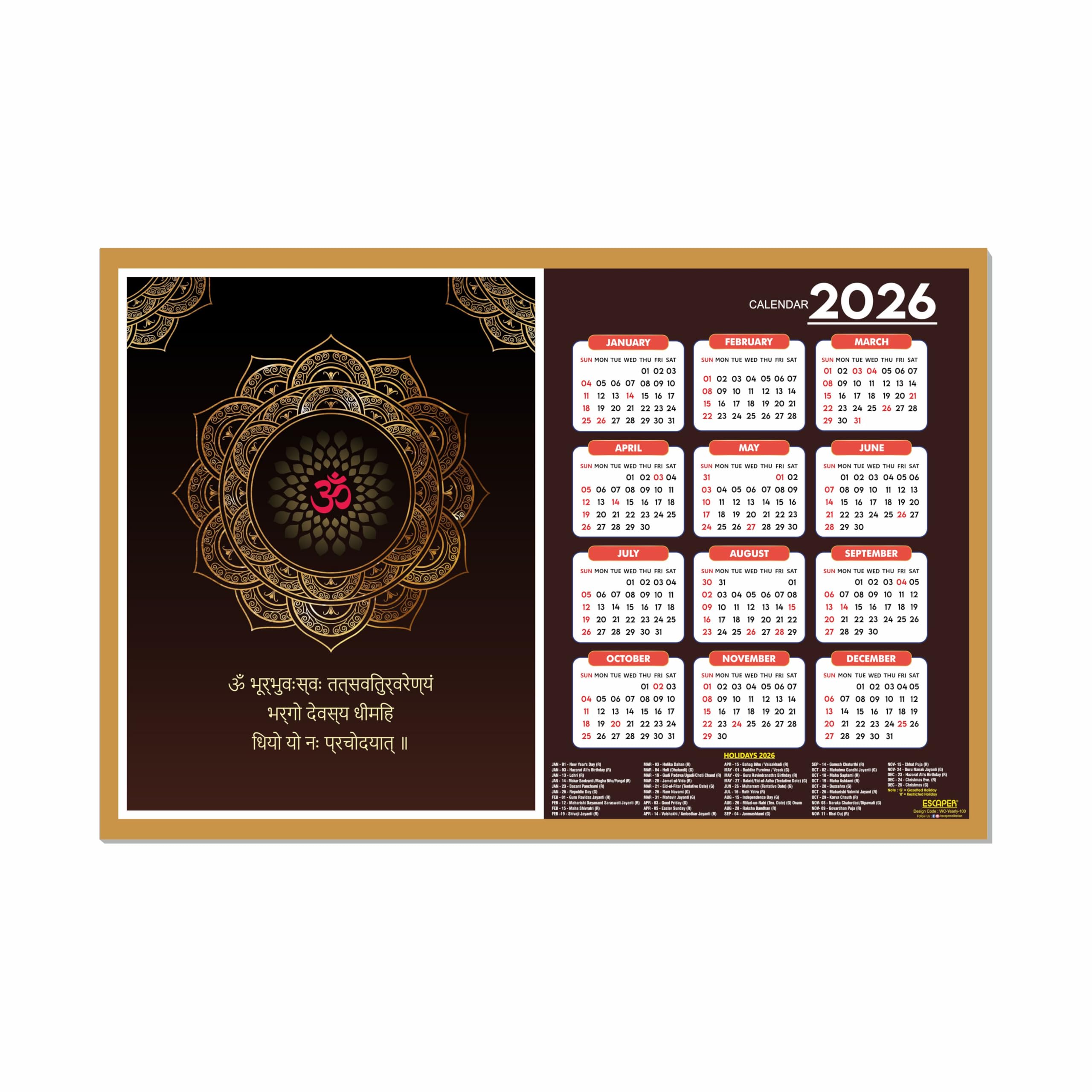 ESCAPER Gayatri Mantra Wandkalender 2026 - 30,5 x 45,7 cm, Meditations- & Yoga-Wandkalender, Yogasana- & Asana-Diagramme, Chakra-Posen, ideal für Yoga-Kurse & Fitnesscenter