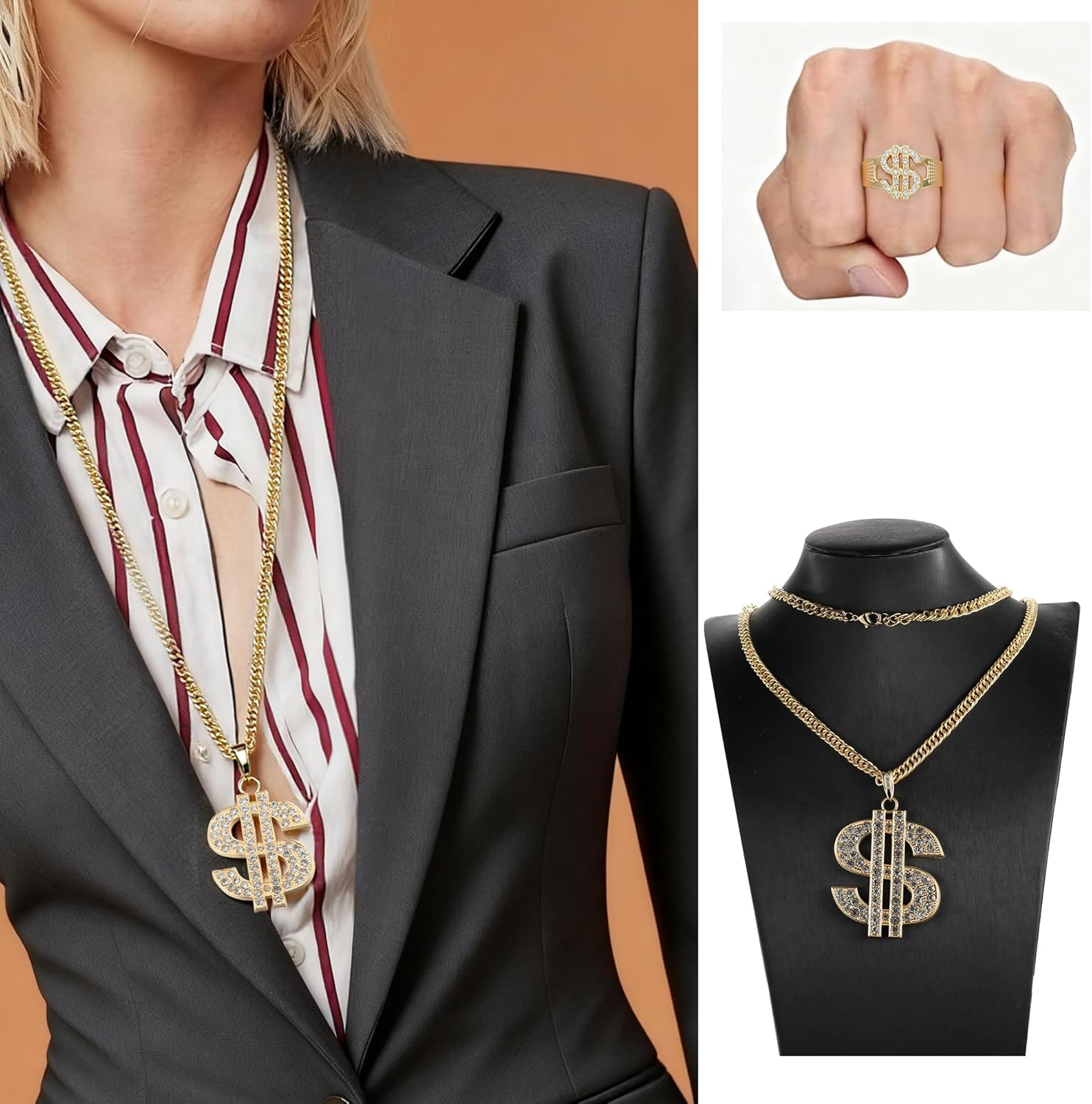 Mujahid Hip Hop Costume Kit 80s 90s Rapper Accessories, Outfits for Men Women Cosplay Club Old School Themed Party Supplies Sunglasses Necklace Bracelet False Teeth - Image 5