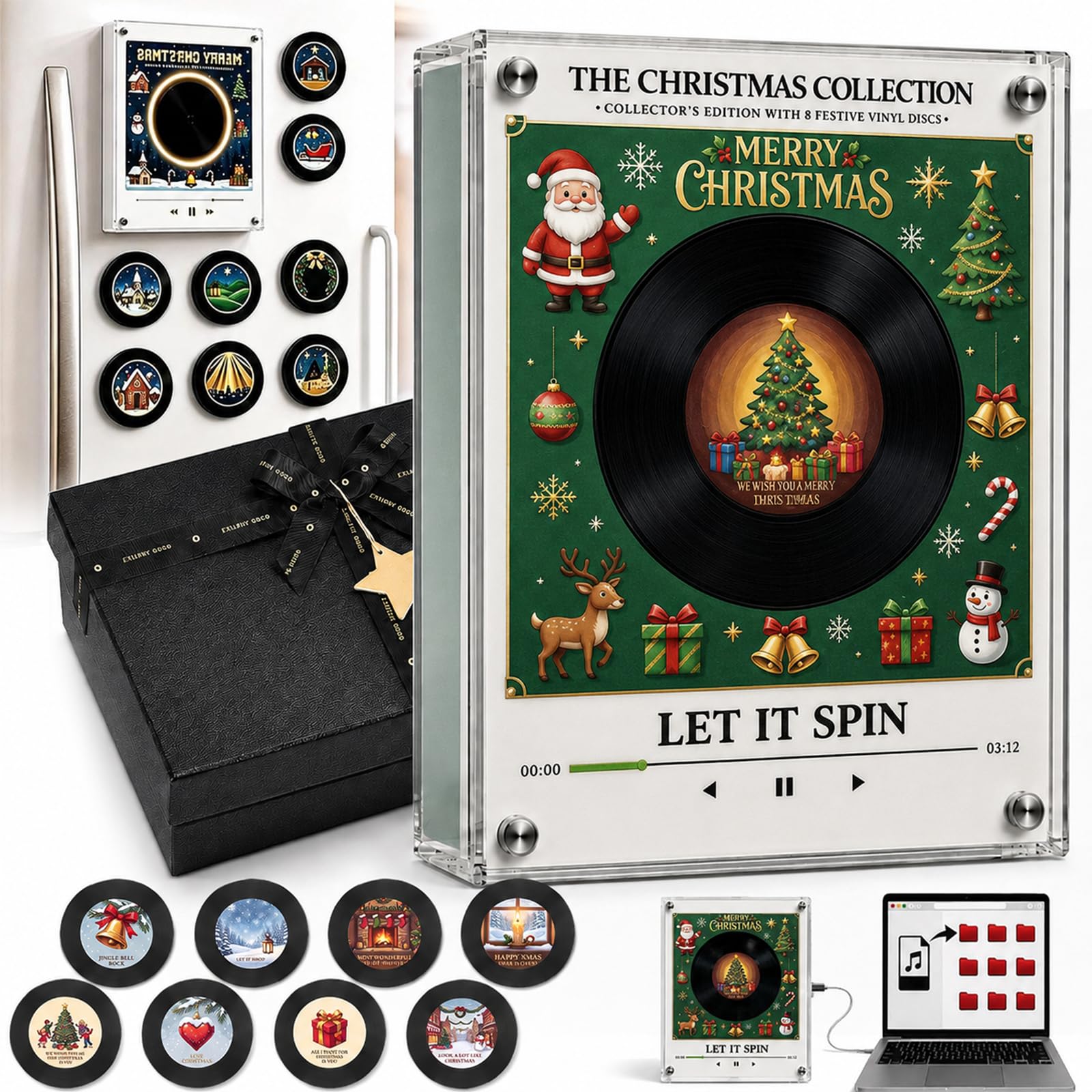 Mini Vinyl Musikplayer Magnetisch für Kühlschrank, Retro Dekoration im Plattenspieler Stil, Magnetische Musikbox mit Wechselbaren Scheiben, Kreatives Geschenk für Musikliebhaber (A)