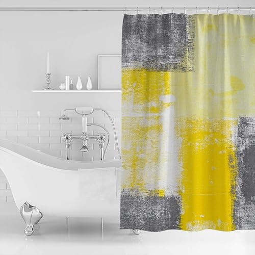 Miniatura 2 de Cortina de ducha amarilla degradada, ligera, dorada, gris, amarillo, con 12 ganchos, arte abstracto amarillo, cortina de baño impermeable para baño,