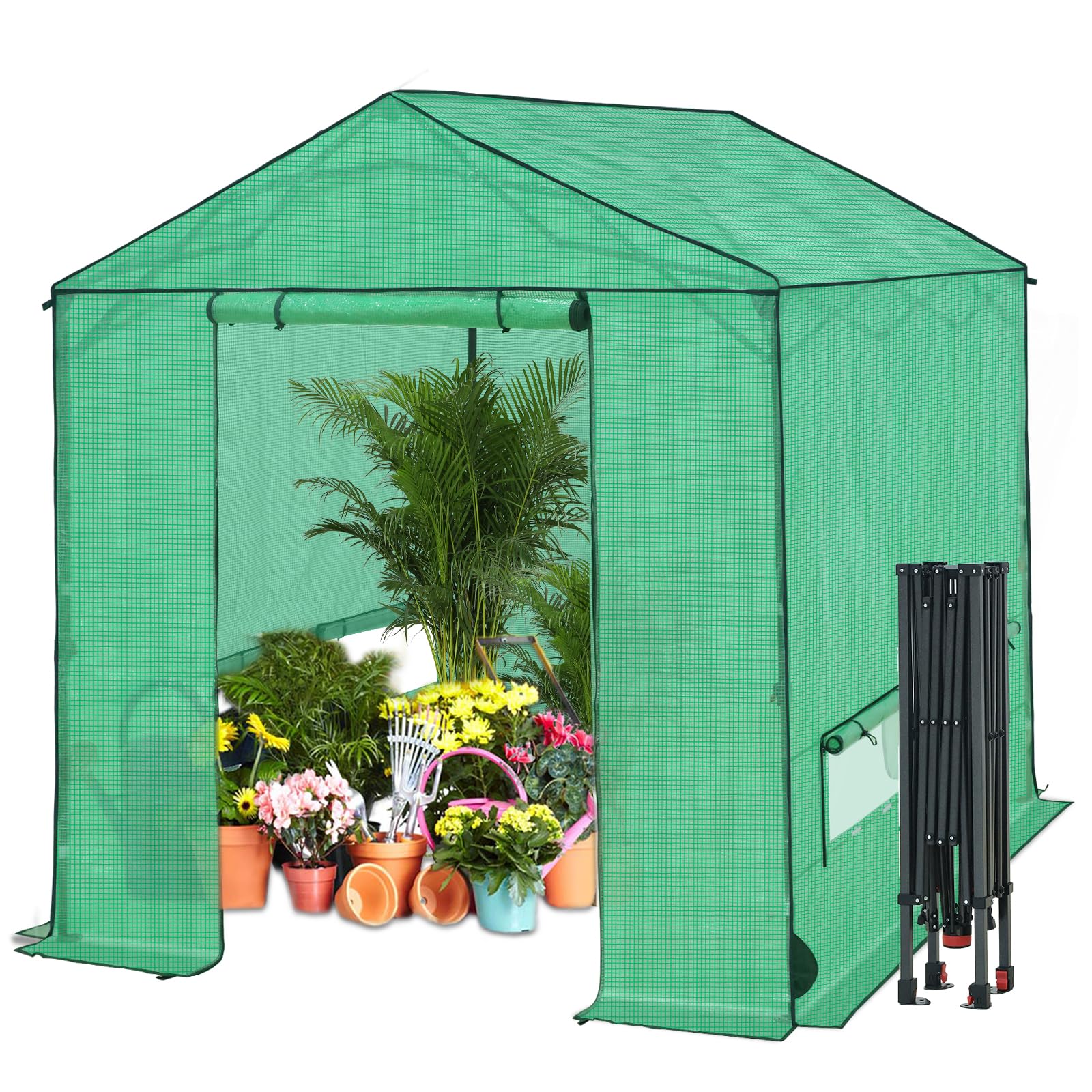 - 8x8 Pop Up Greenhouse, Instant Walk in Green House with PE Cover, Power Ports, Roll up Doors & Windows for Indoor Outdoor Plant Growing, Green