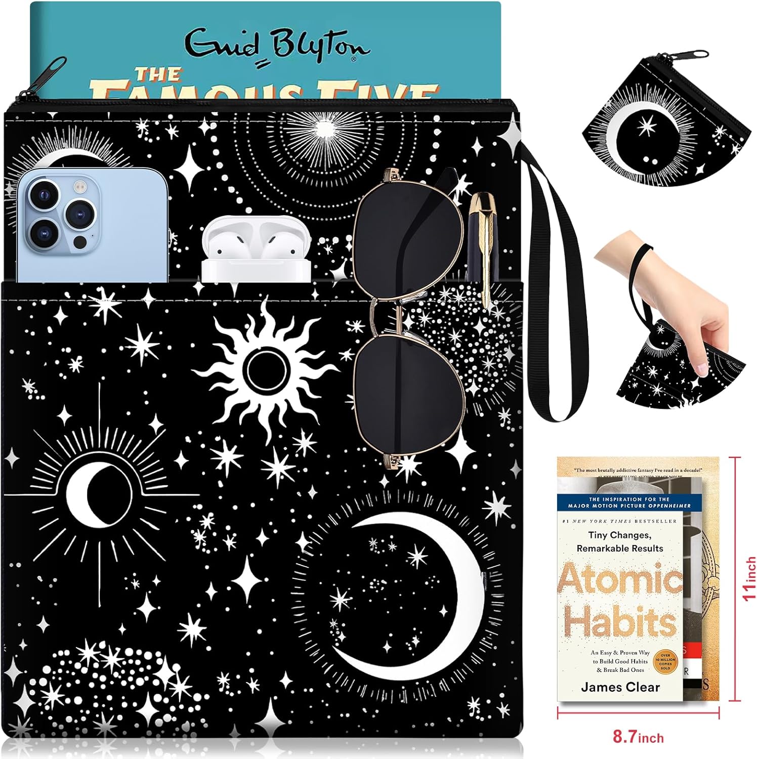 Slohif Book Sleeve Pouch Book Cover Protector with Zipper Black Book Beau Booksleeve Pouches for Paperback HardBook Cover Reading Accessories Item for Students Women Readers(Sun Moon)