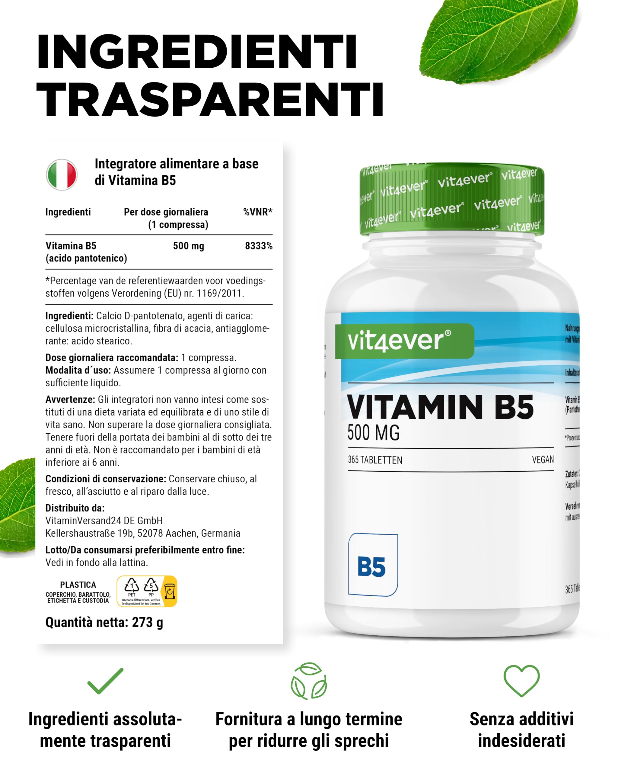 vit4ever Vitamina B5 (Acido Pantotenico) - 500 mg - 365 Compresse - Scorta per 1 anno - Alto Dosaggio - Senza Additivi Indesiderati - Vegano