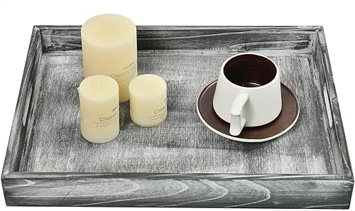 Bandeja rústica de madera envejecida para servir desayuno, bandeja octagonal para servir en la cama con asas de transporte recortadas, para café,