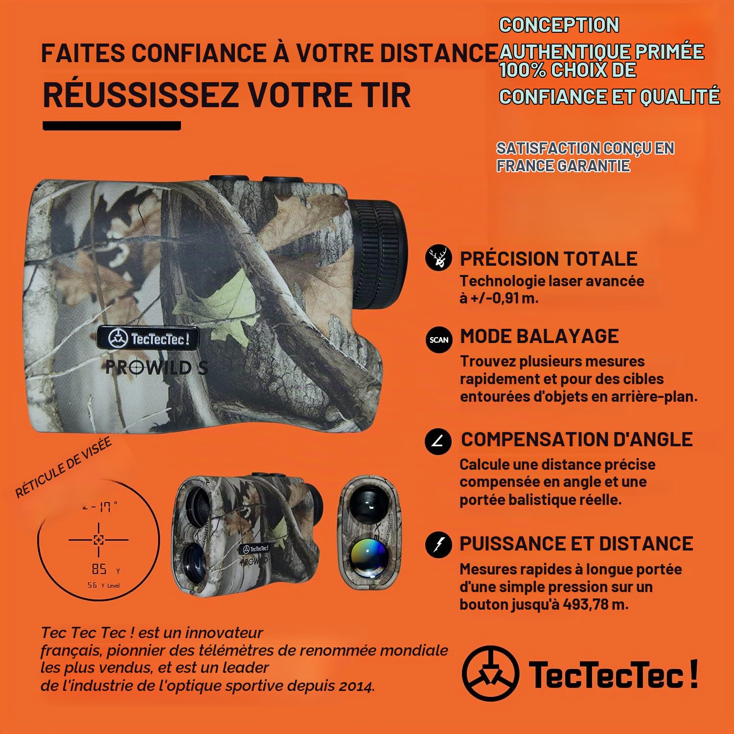 TecTecTec PROWILD S Télémètre de Chasse avec mesures de Distance et de Pente Jusqu’à 500 mètres