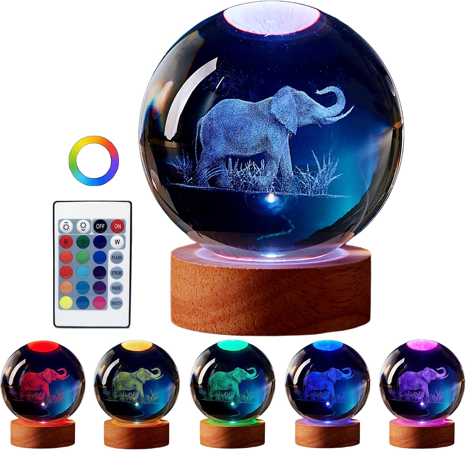 Elephant Lamp,3.15 inch K9 Elephant Crystal Ball Lamp, Elephant Night Light with Wooden LED Base,Glass Ball Lamp with USB, Remote Control,16 Colors Change, Gift Colorful Box (A)