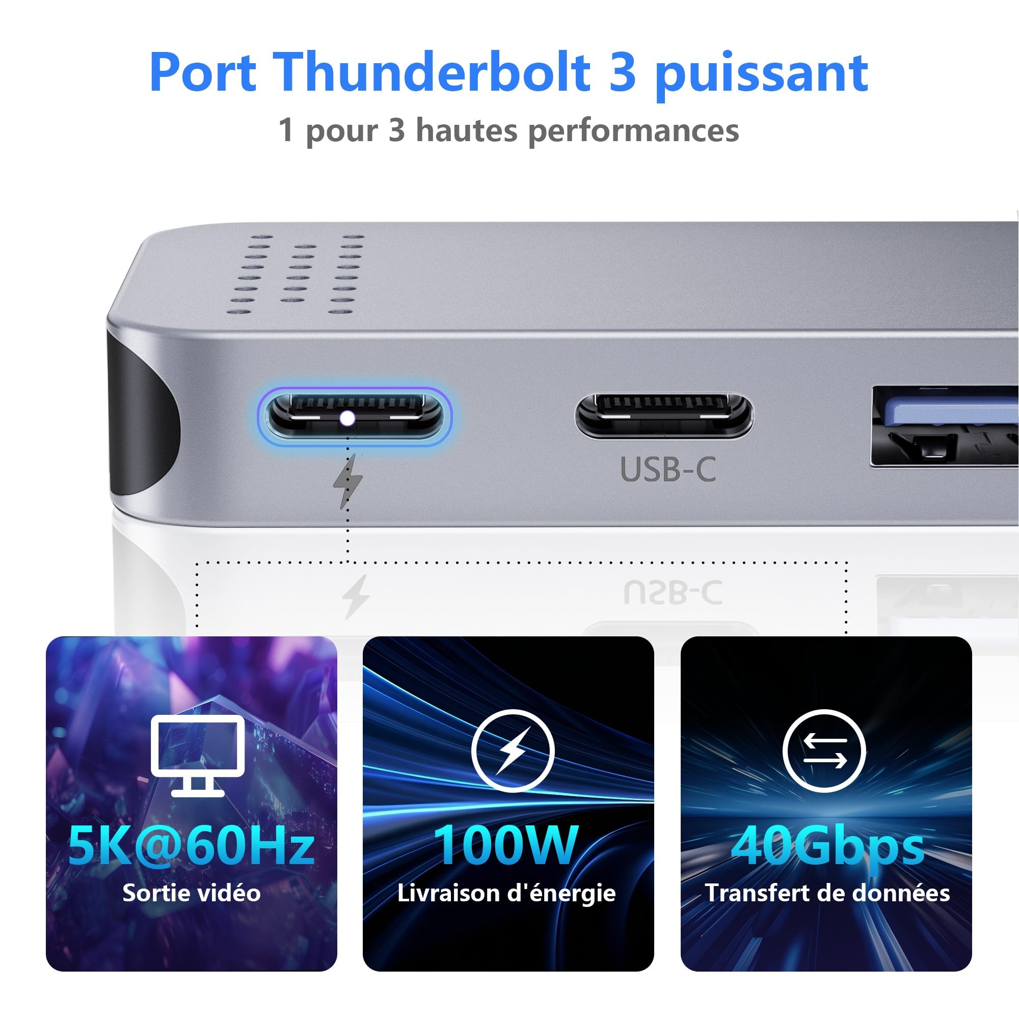 Hub USB C 8 en 2 Adaptateur HDMI 4K pour MacBook Pro/Air Thunderbolt 3 100W 40Gbps