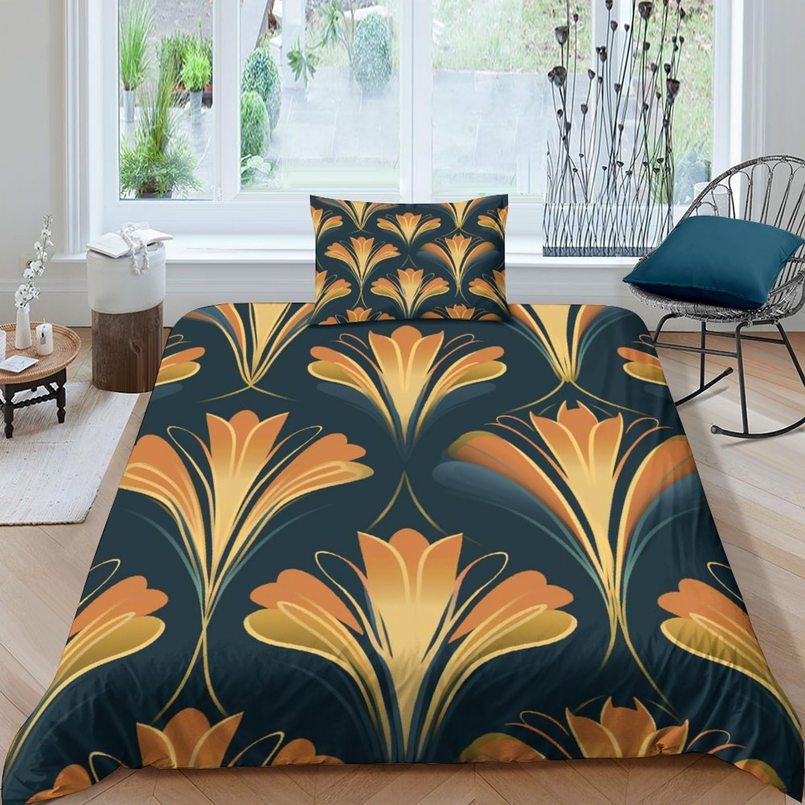 Housse de couette 135x200 fleurs dorées parure de lit microfibre 3 pièces lit simple ado