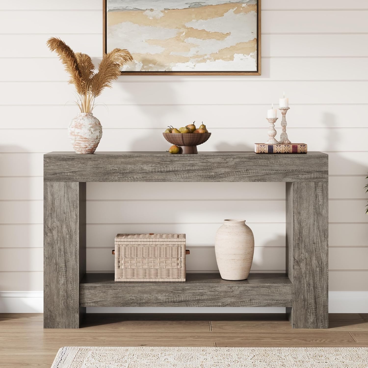 47" Farmhouse Console Table for Entryway - 2-Tier Storage Shelf, Rectangular Sofa Table for Living Room & Hallway, Heavy-Duty Accent Table Behind Couch