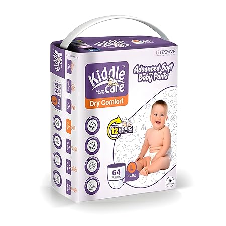 Kiddle Care Advanced Soft Baby Pants Diaper, (Large L Size)_(64 Count) Leak Proof, Up to 12 Hours Protection, Wetness Indicator, (Pack of 1)_(9-14 Kg)