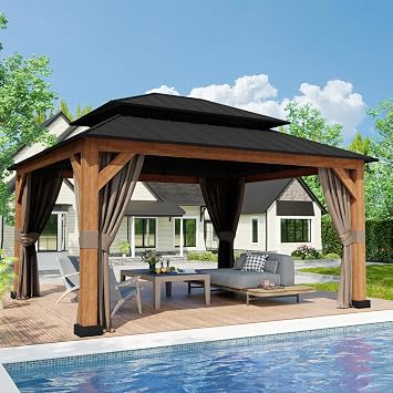 13 x 15 Double Hardtop Gazebo - Outdoor Thermal Transfer Wood-Looking Aluminum Gazebo with Double Hardtop, Privacy Curtains and Mosquito Nettings Included, for Patio, Garden, Backyard