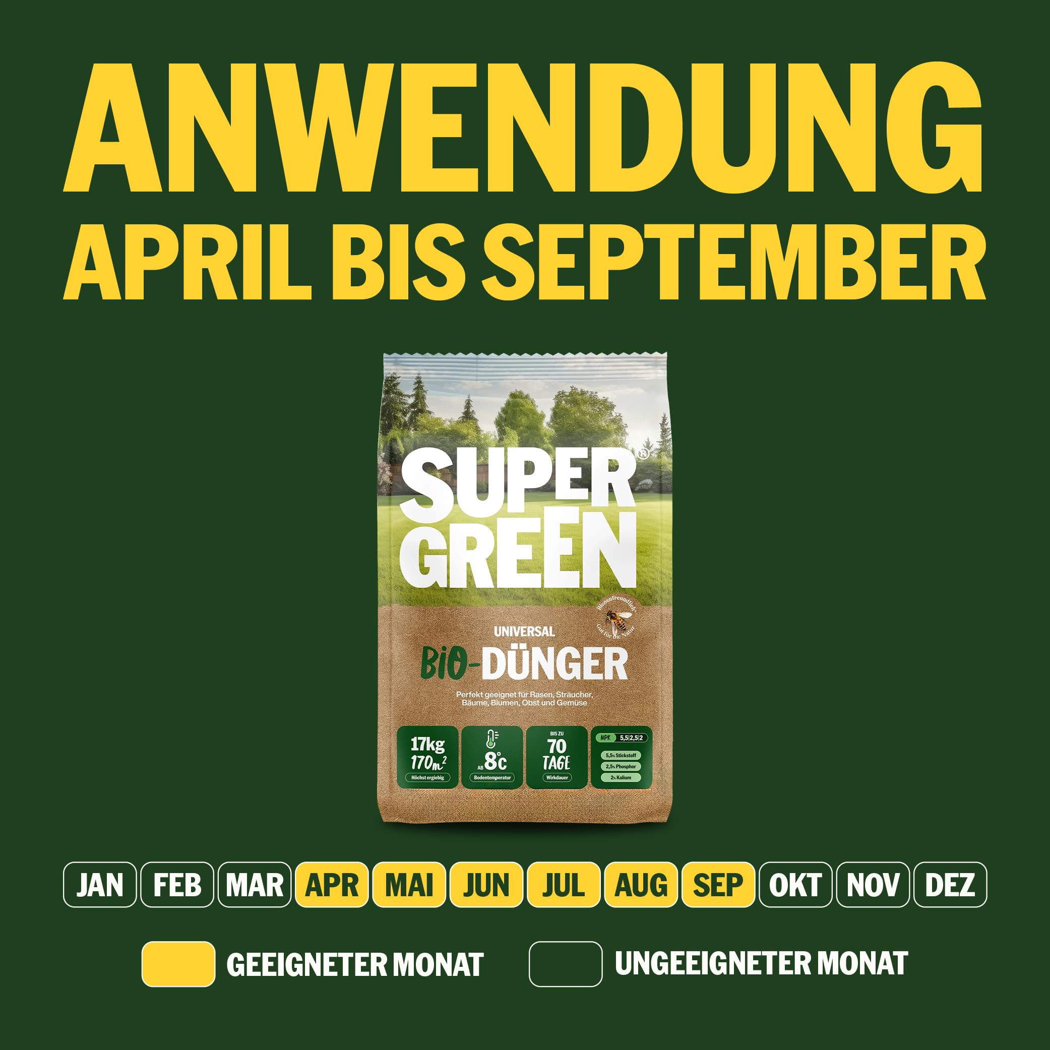 SUPERGREEN Bio-Dünger rein Organisch | 17kg | Langzeit bis 70 Tage | NPK 5,5-2,5-2 für Rasen, Gemüse, Obst & Pflanzen | 100% pflanzlich, vegan & nitratfrei | Feines Granulat | Premium Qualität