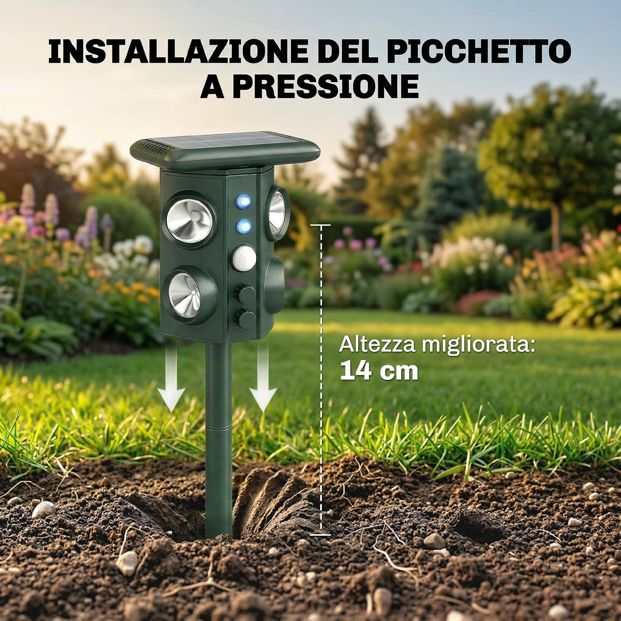 Outsunny Repellente Gatti Ultrasonico Solare Dissuasore per Gatti | 5 Modalità PIR, Flash LED, 110°, IPX4 Impermeabile, 4 Altoparlanti per Animali