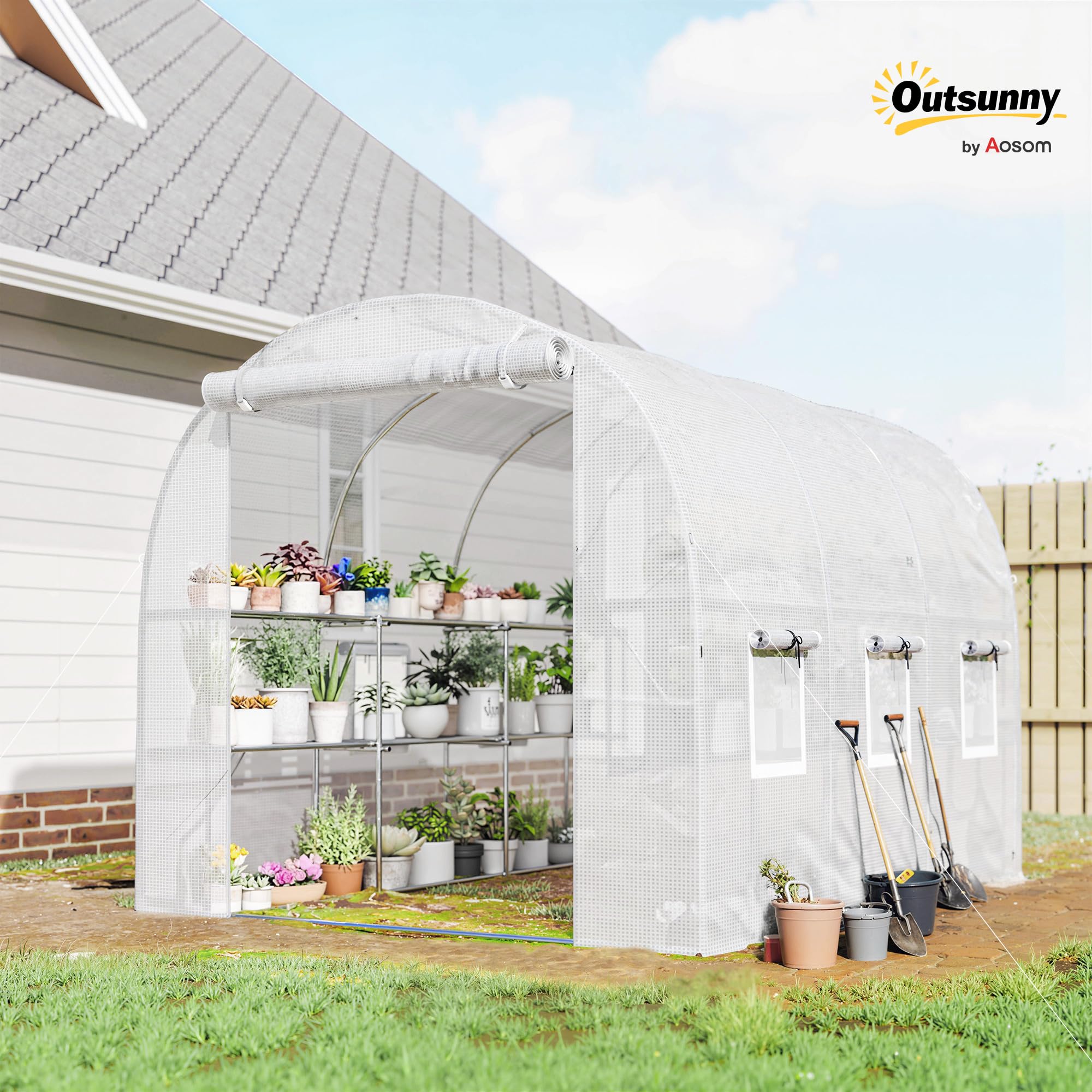 Outsunny Gewächshaus ca. 2,7 x 2 x 2 m Foliengewächshaus mit Regalen Rollbar Reißverschlusstür 6 Netzfenster Stützstangen, UV-beständig Folientunnel, Winterfest Tomatenhaus, Weiß