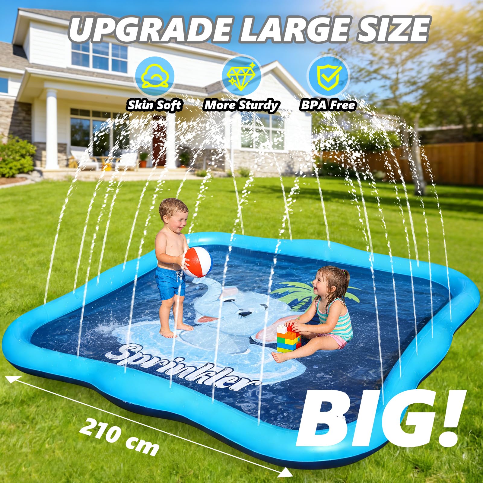 Luxfero Splash Pad,210 cm Tapete de Juegos de Agua,Almohadilla para Rociadores,Almohadilla para Aspersor para Niños y Perros,Juegos de Agua para Exterior para Actividades Aire Fiesta Playa Jardín