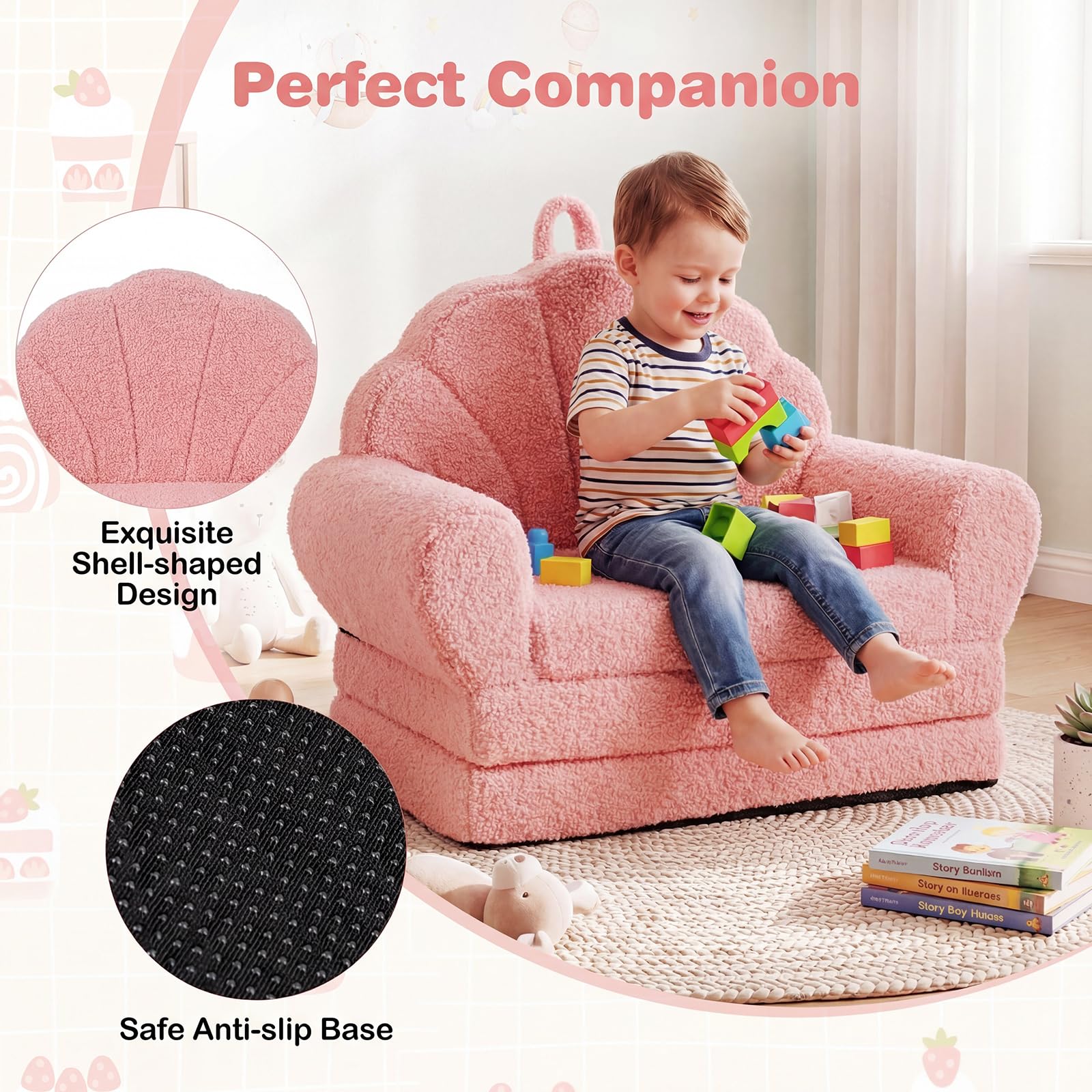 GOPLUS Canapé-Lit Enfant Pliable, Fauteuil Enfant Convertible en Forme de Coquillage, avec Accoudoirs, Poignée, Fauteuil Bebe Doux en Polaire Teddy pour Chambre Salle de Jeux (Rose)