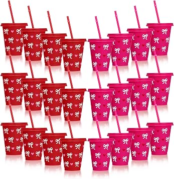 FoldTier 24 Pcs Valentines Day Cups Bulk with Lids and Straws 16oz Reusable Plastic Cups Red Pink Bow Heart Valentines Tumbler Gifts for Galentines Party Supplies Wedding Anniversary