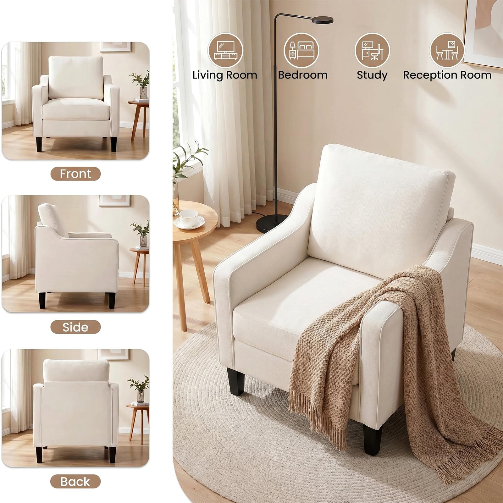 Clevich Sessel Gepolstert, Loungesessel aus Chenille, Mid-Century-Akzentstuhl, Polstersessel mit Armlehnen, Ohrensessel für Schlafzimmer, Fernsehsessel für Wohnzimmer, Komfort (1pc, Beige)