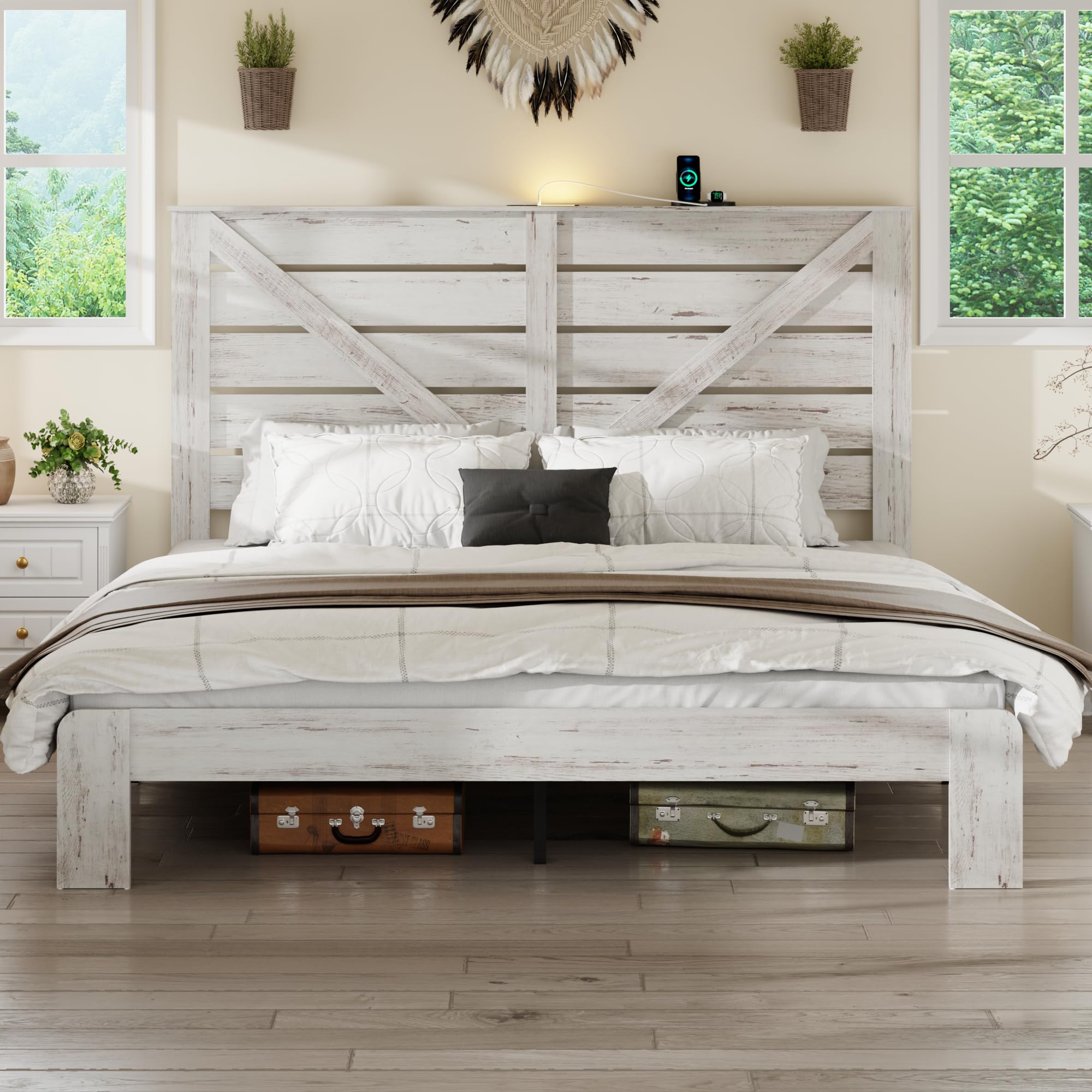White King Size Bed Frame with Wooden Headboard Farmhouse Platform Bed with Charging Station Under Bed Storage No