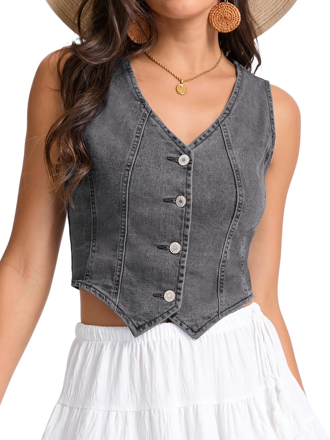 Women's Denim Vest Crop Jean Vest Tops Sleeveless V Neck Button Down Fitted Summer Western Country Denim Waistcoat