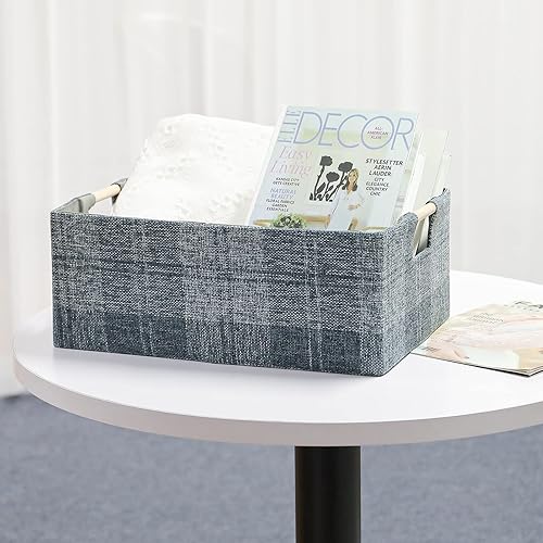 Miniatura 6 de LaMorée Caja de almacenamiento de tela plegable, cubo de almacenamiento de lino y algodón con asas de madera, rectangular, decorativo, cuarto de