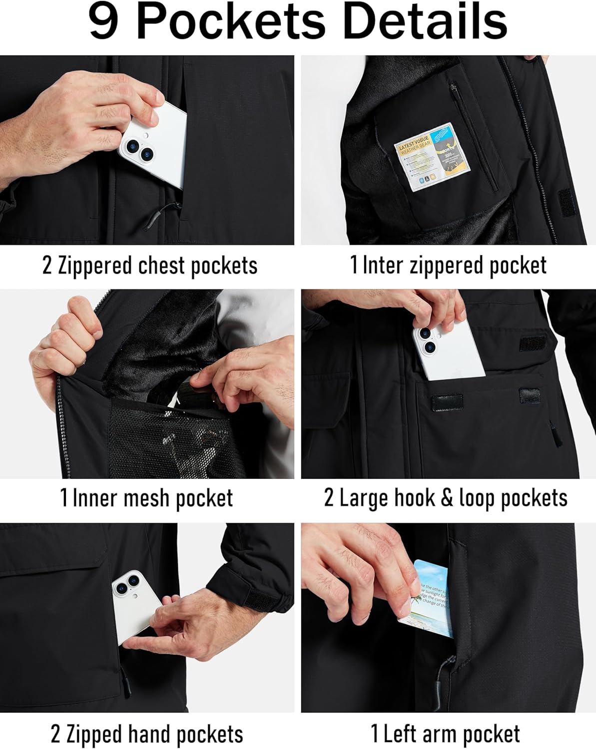 MAGCOMSEN Men's Winter Coats Ski Snow Waterproof Jackets Fleece Warm Snowboard Hooded Jacket Parka Raincoats 9 Pockets - Image 4