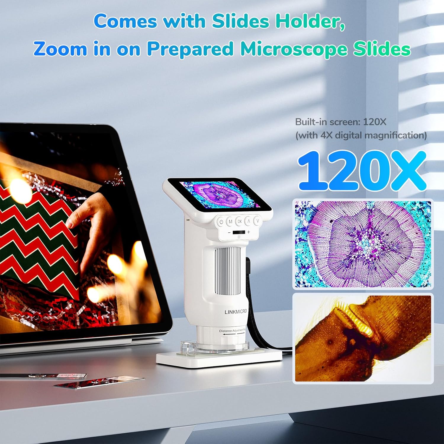 LM013 Microscope for Kids Adults, Pocket Mini Digital Microscope with 2.8" Screen, Anti-Shake Portable 120X Handheld USB Magnifier with 8 LED Lights, 1080P Video, Prepared Slides, PC View - Image 5