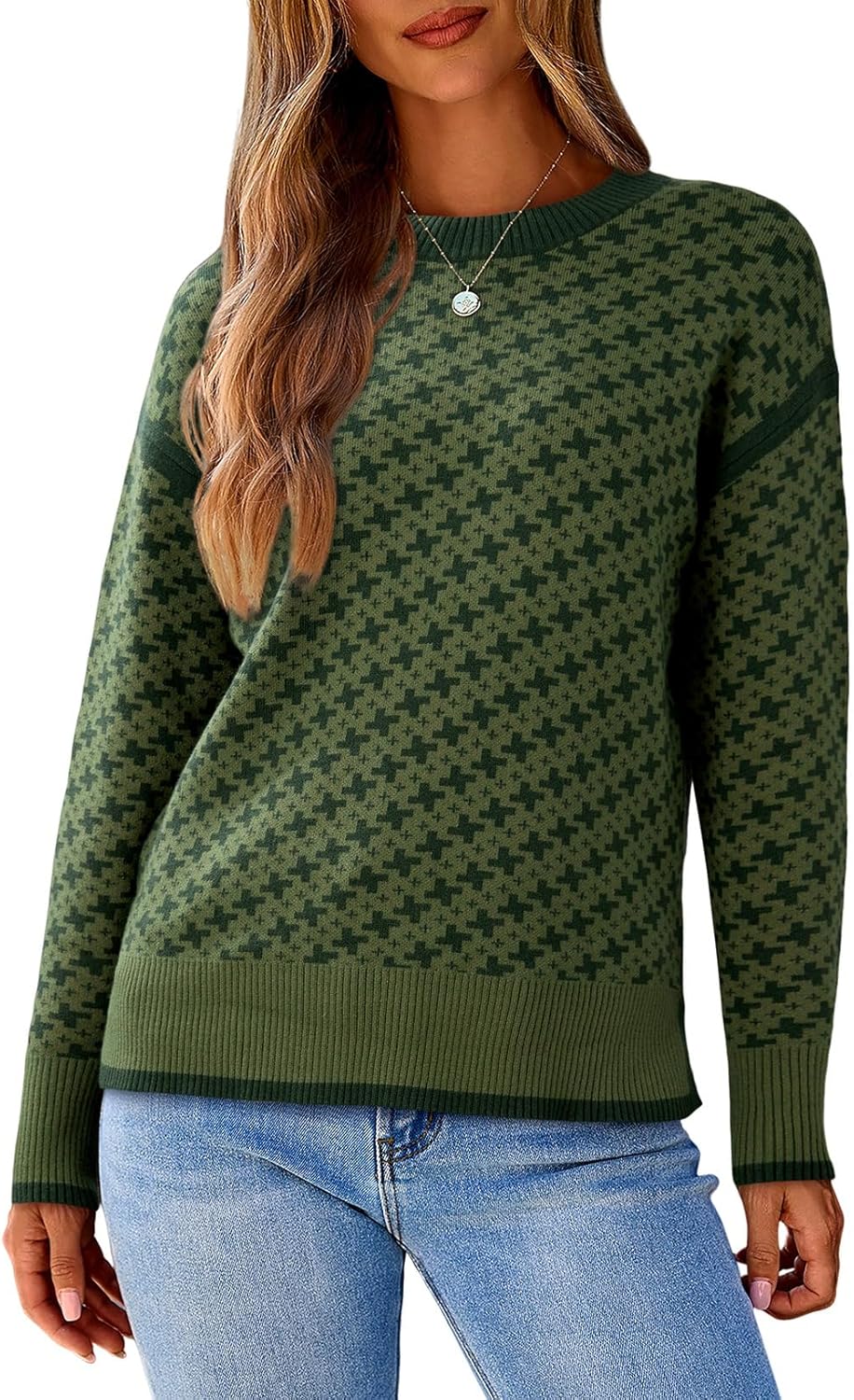 Dokotoo Womens Casual Cross Jacquard Sweaters 2025 Crewneck Long Sleeve Fall Winter Warm Knit Pullover Tops Clothes