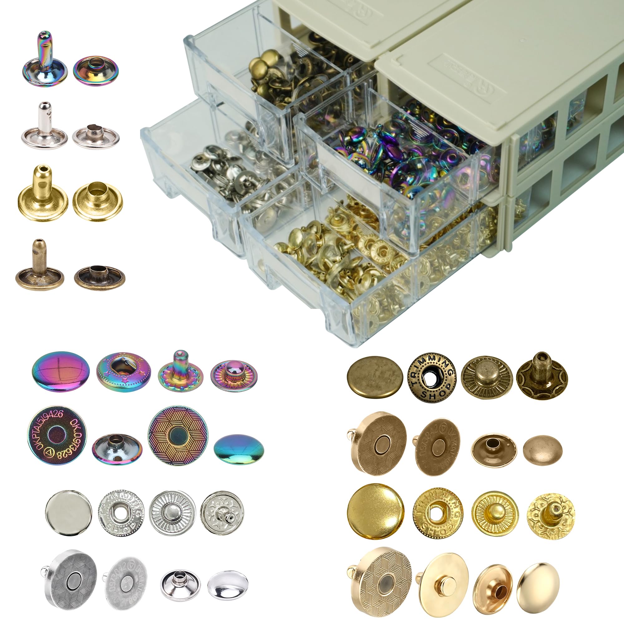 Trimming Shop Kit de cierre de cuero para manualidades, remaches tubulares de doble tapa de 8 mm, pernos de resorte en S de 15 mm, cierres magnéticos de 14 mm y caja de almacenamiento apilable para