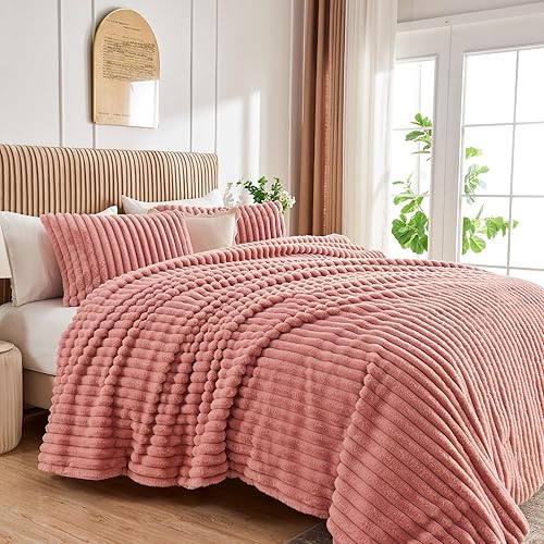 Miniatura 9 de Jameswish Juego de edredón suave y esponjoso de piel de conejo, juego de ropa de cama de pelo sintético a rayas con funda de almohada, juego de cama