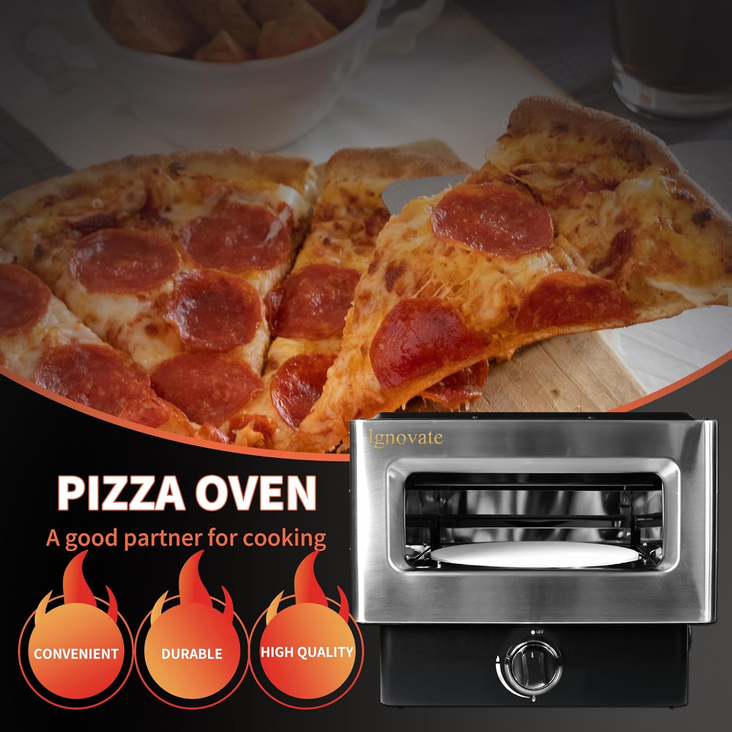 Gas Fired Pizza Oven - 12" Portable Outdoor Gas-Powered Oven with Pizza Stone, Countertop Stonebaked Pizza Maker (Silver black dual color)